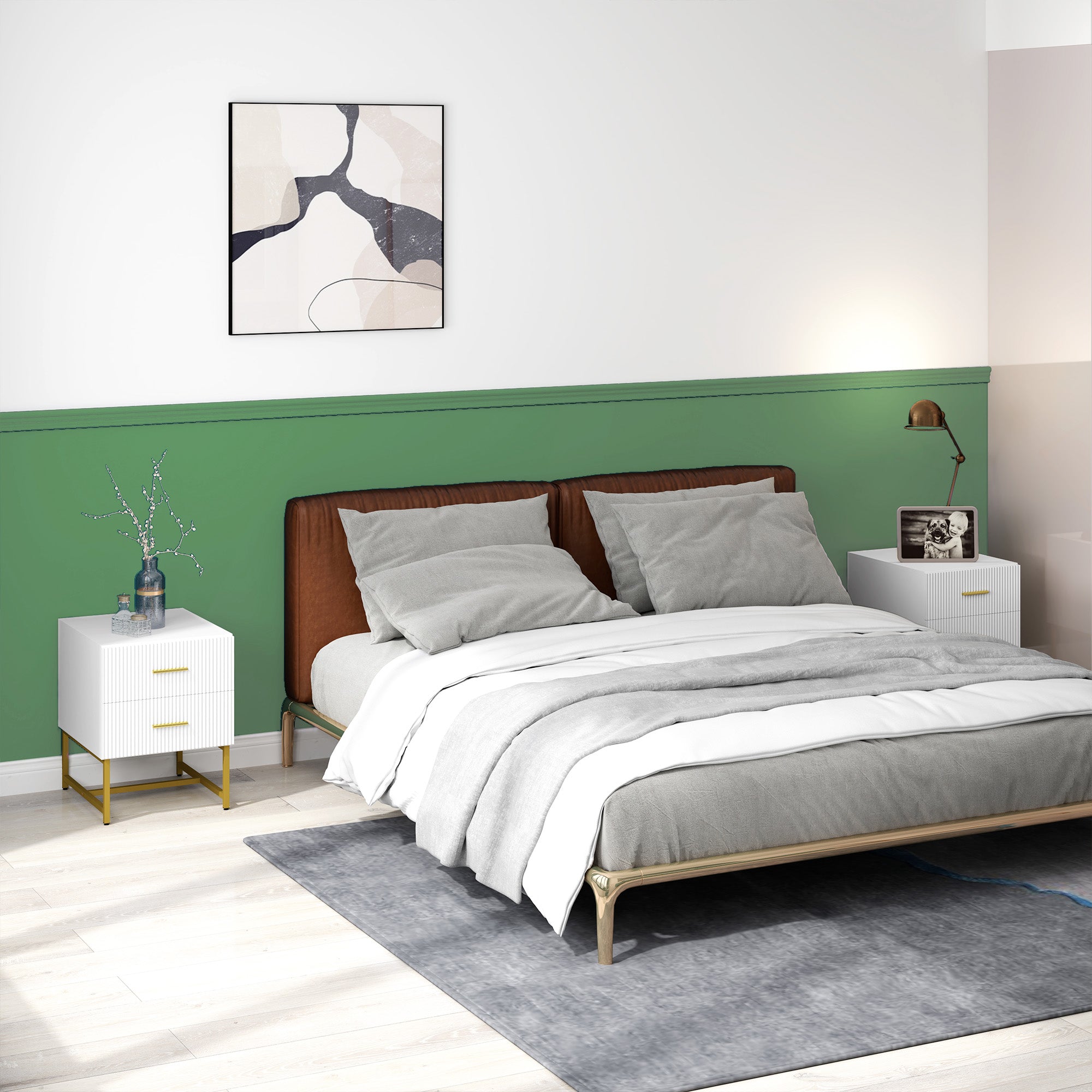 2 Pieces Nightstands with Storage, Modern Bedside Tables with 2 Fluted Drawers and Gold Legs for Bedroom, White Bedside Tables   at Gallery Canada