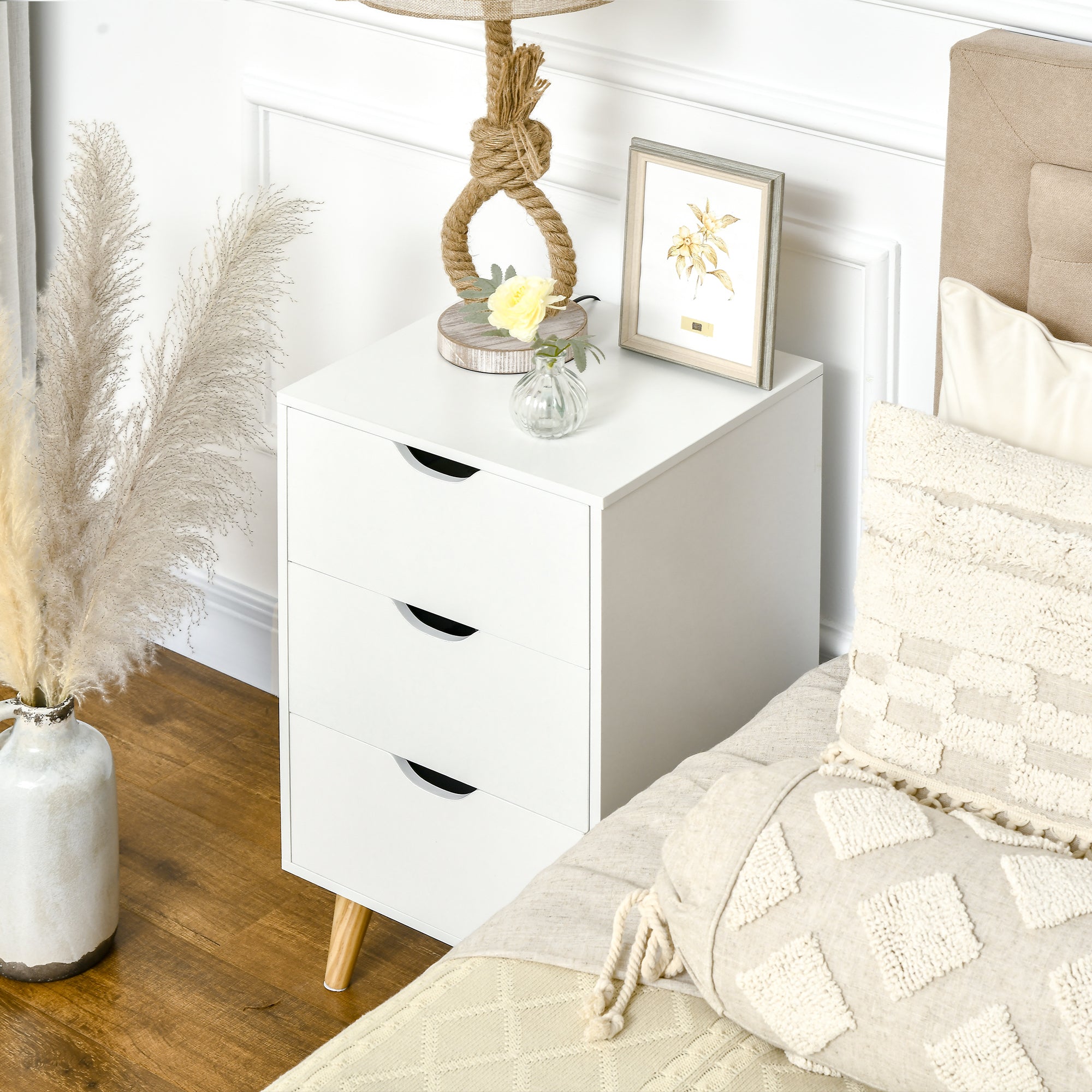 Bedside Table, Modern Nightstand with 3 Drawers, Side End Table with Wood Legs for Living Room, Bedroom, White Bedside Tables   at Gallery Canada