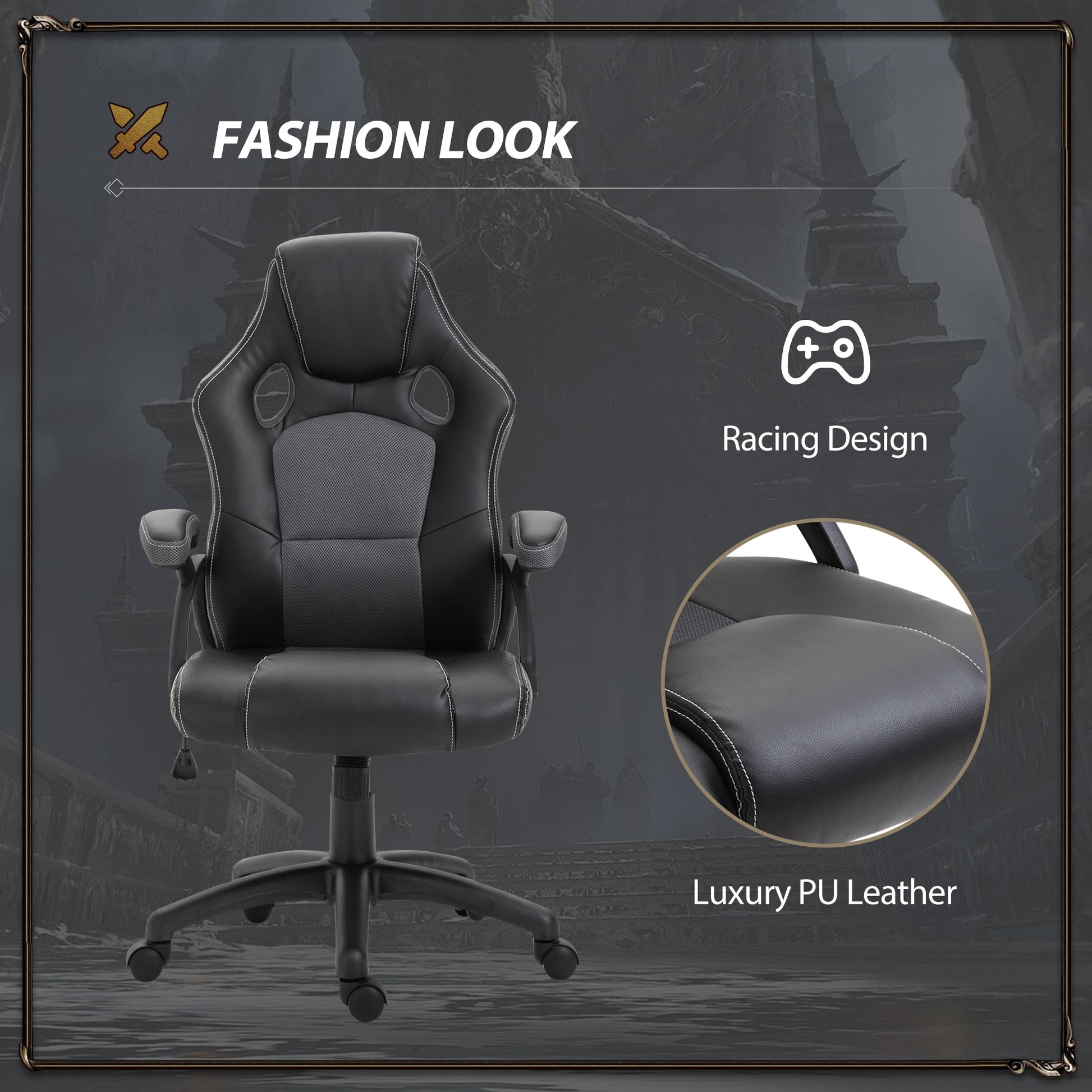 PU Leather Gaming Chair High Back Office Chair with Adjustable Height, Computer Gamer Chair, Grey Video Game Chairs   at Gallery Canada