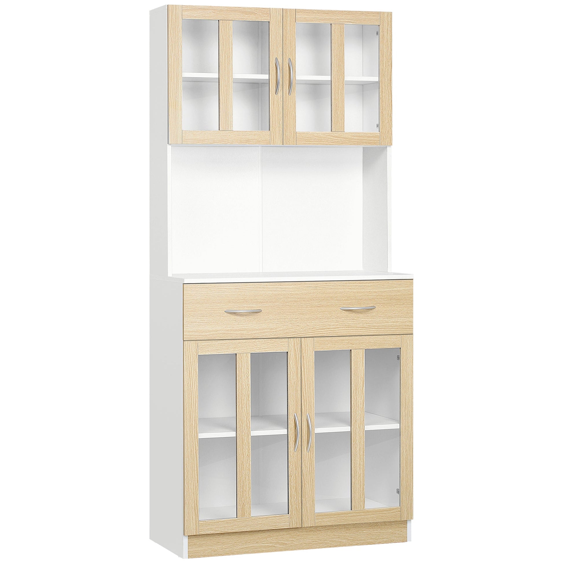 71" Kitchen Buffet with Hutch, Freestanding Pantry Cupboard with Central Drawer, 2 Glass Door Cabinets and Countertop, White Kitchen Pantry Cabinets White and Natural  at Gallery Canada