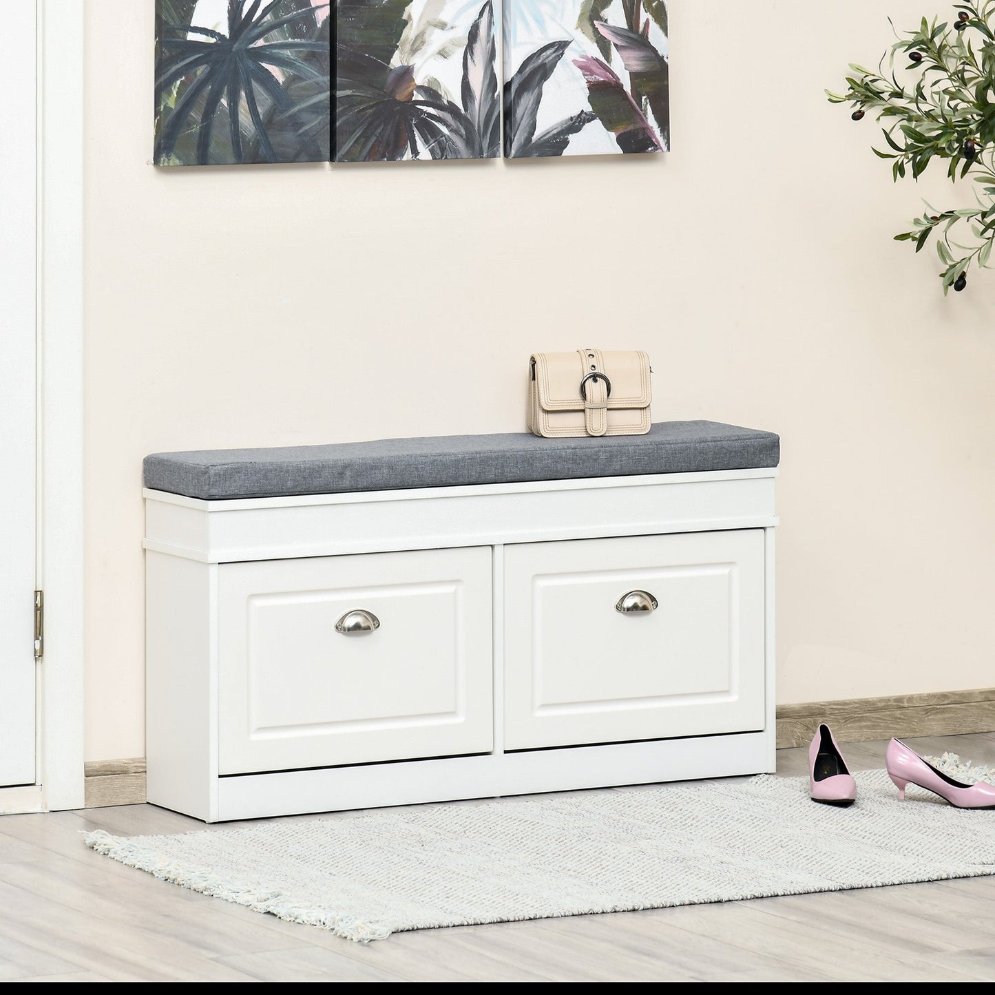 Shoe Bench, Shoe Storage Bench for Entryway, Entrance Bench with Cushion, 2 Flip Drawers and Adjustable Shelf for Hallway, Holds 8 Pairs, White Shoe Storage Cabinets & Racks   at Gallery Canada