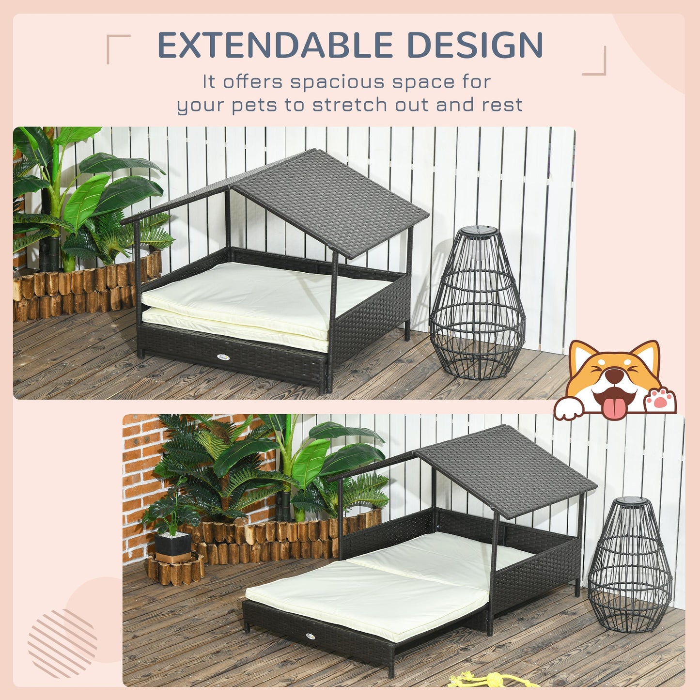 Outdoor Dog House Extendable Wicker Dog Bed with Soft Cushion Washable Cover, for Small and Medium Dogs, Cream White Houses, Kennels & Pens   at Gallery Canada