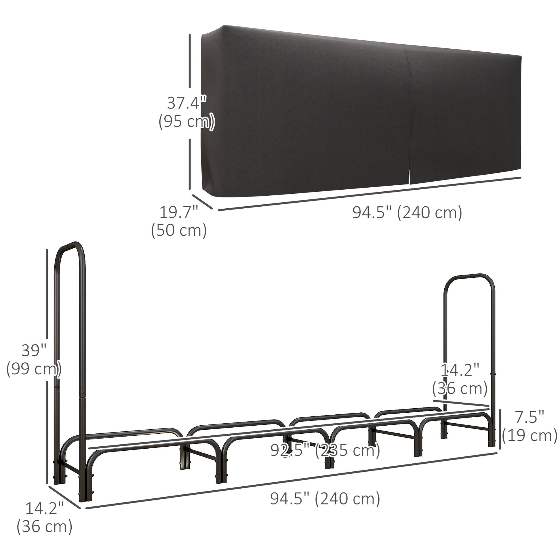 8ft Outdoor Firewood Rack with Cover, Adjustable Wood Storage Holder, Indoor Outdoor Log Rack, Black Firewood Racks   at Gallery Canada