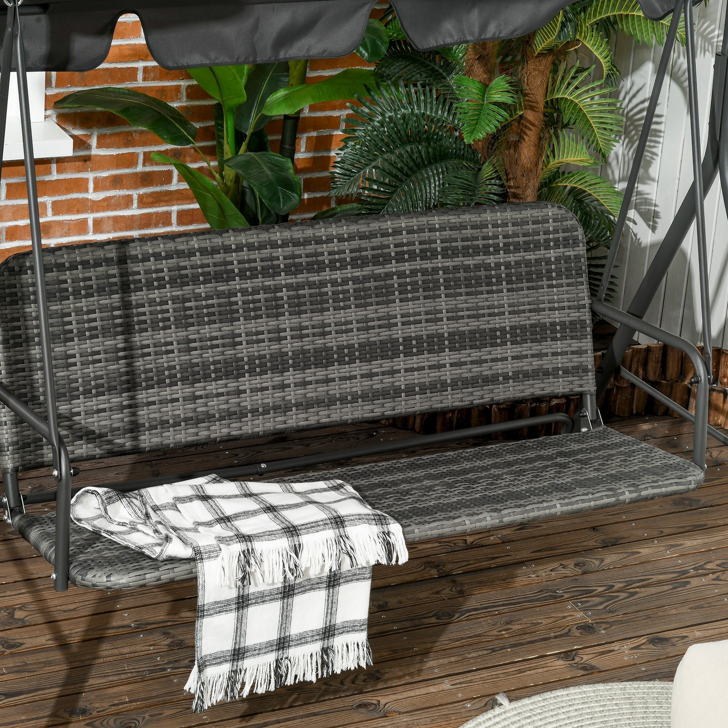 3 Seater Rattan Outdoor Patio Swing with Adjustable Canopy and Stand for Garden Porck Backyard, Grey Patio Swings with Stand at Gallery Canada