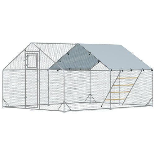 Large Metal Chicken Run with Waterproof &; UV-Resistant Cover, Feeding Door, Hanging Feeder, Perch for 12-18 Chickens