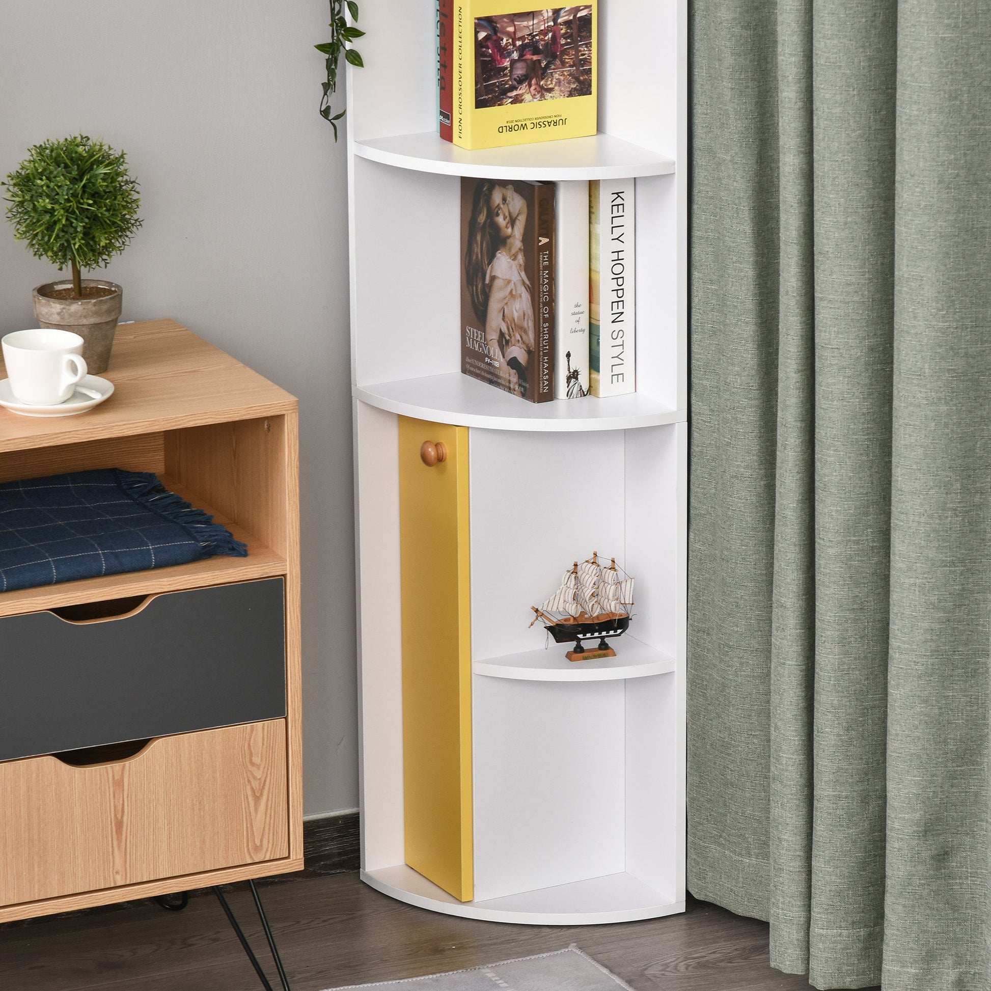 5-Tier Corner Bookcase, Bookshelf, Freestanding Shelf Unit with Storage Compartments and Door Cabinet, White White Bookshelves   at Gallery Canada