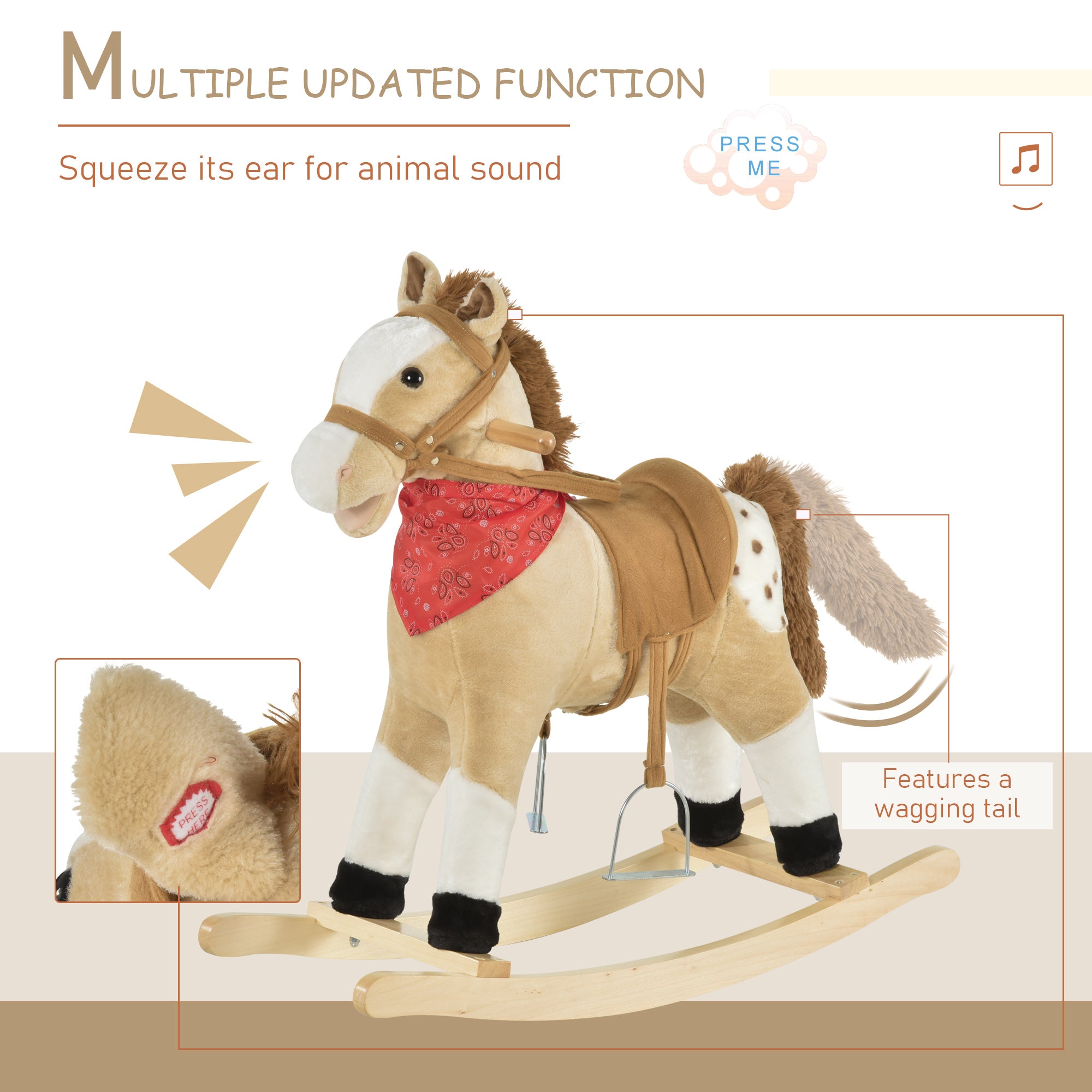 Kids Plush Ride-On Rocking Horse Toy Cowboy Rocker with Fun Realistic Sounds for Child 3-6 Years Old, Beige Rocking Horses at Gallery Canada