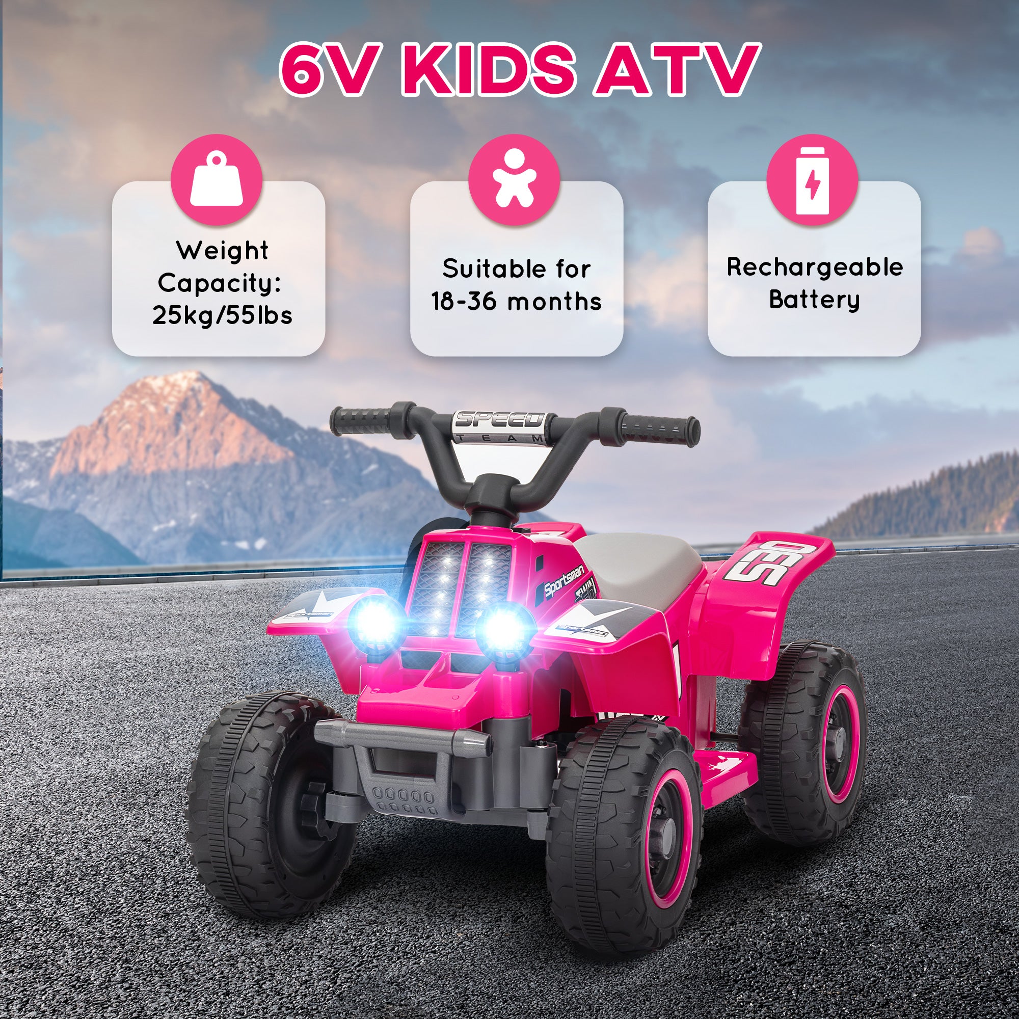 6V Kids ATV Quad, 4 Wheeler Battery Powered Electric Ride on Car w/ Lights, Forward Backward, for 3-6 Years, Pink Electric Toy Cars   at Gallery Canada