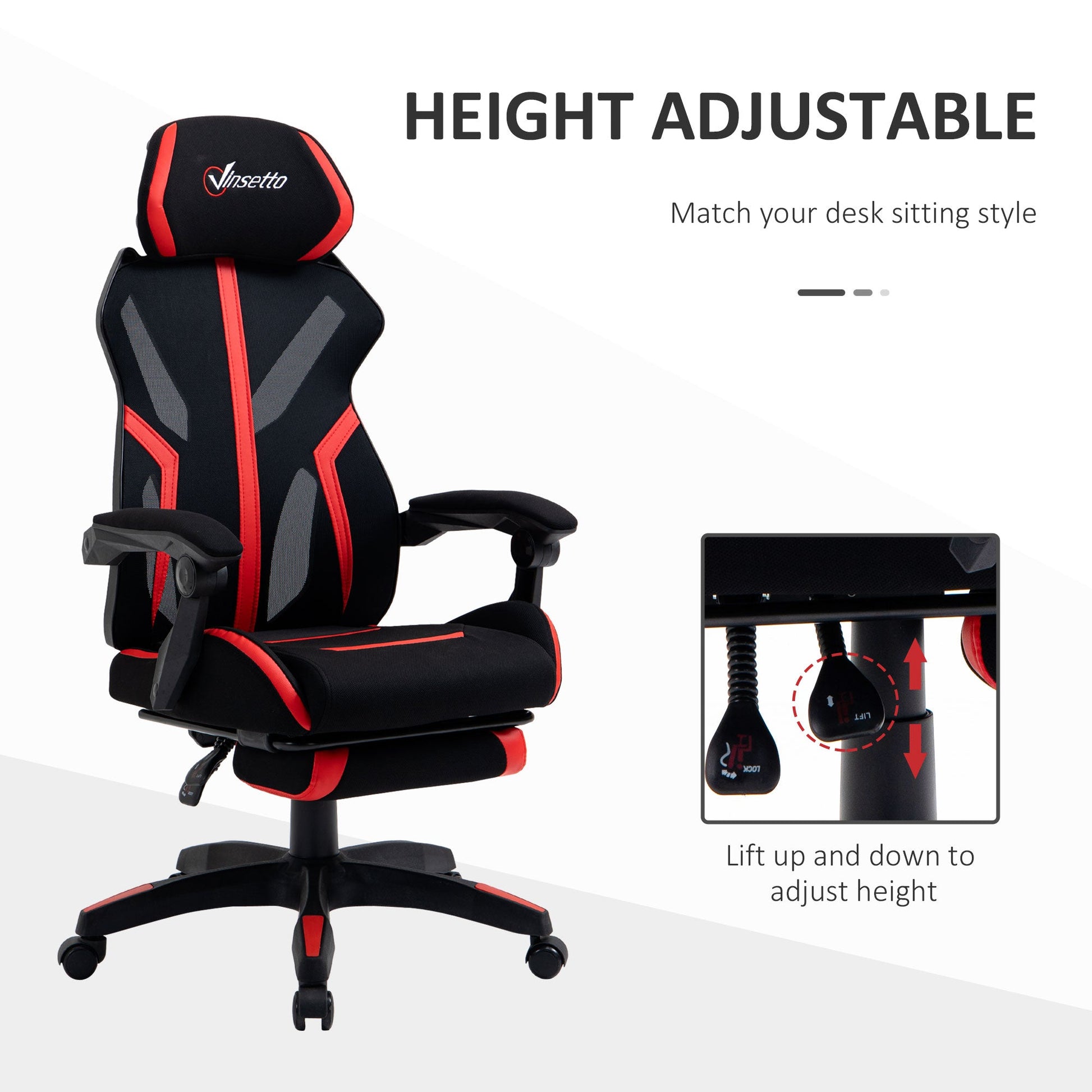 Racing Gaming Chair, Mesh Office Chair, High Back Computer Chair with Footrest, Lumbar Back Support, Swivel Wheels, Adjustable Height, Black Red Video Game Chairs   at Gallery Canada