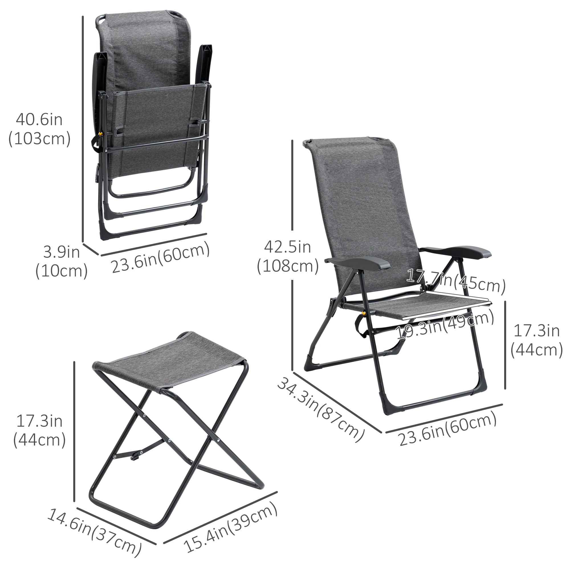 Patio Lounge Chair Outdoor Lounger Recliner Folding Camping Chair with Footrest and Storage Pocket, Black Grey Lounger Chairs   at Gallery Canada