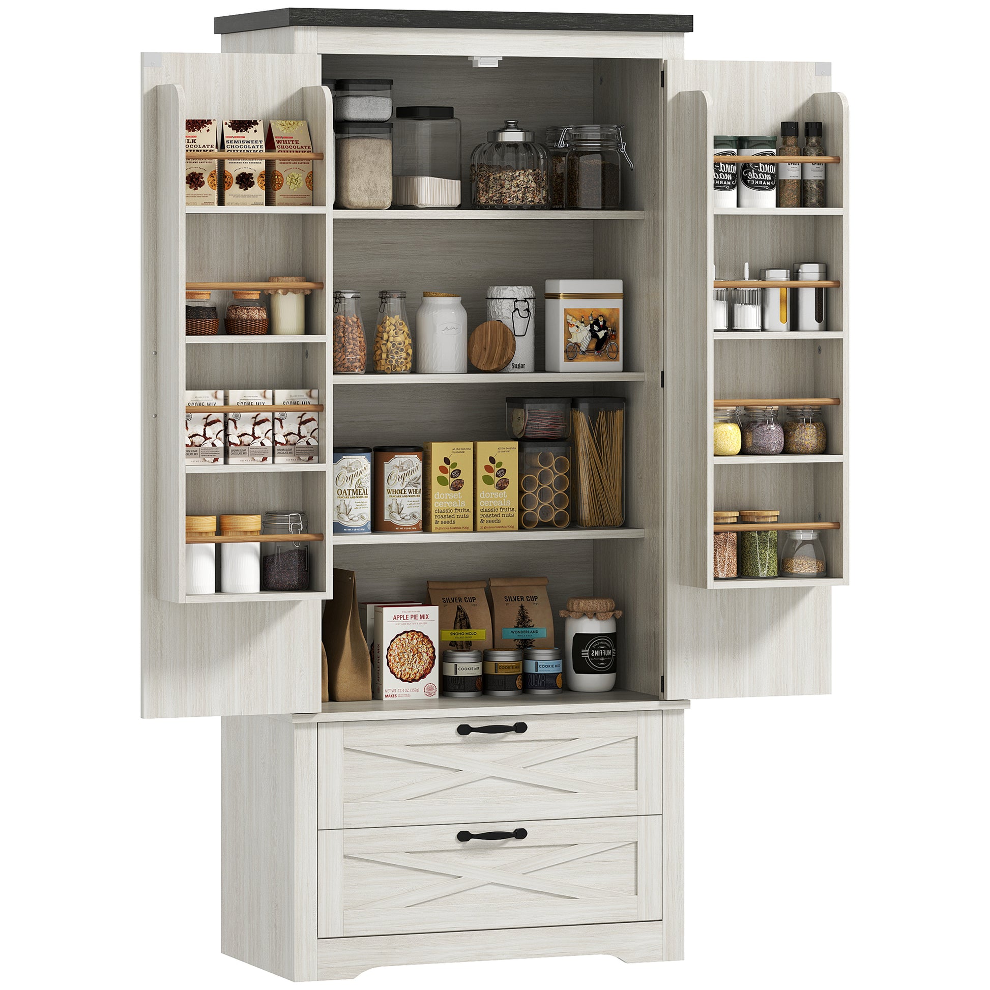 Farmhouse Kitchen Pantry Storage Cabinet, 64" Freestanding Kitchen Pantry Cabinet with Drawers, Distressed White Kitchen Pantry Cabinets at Gallery Canada