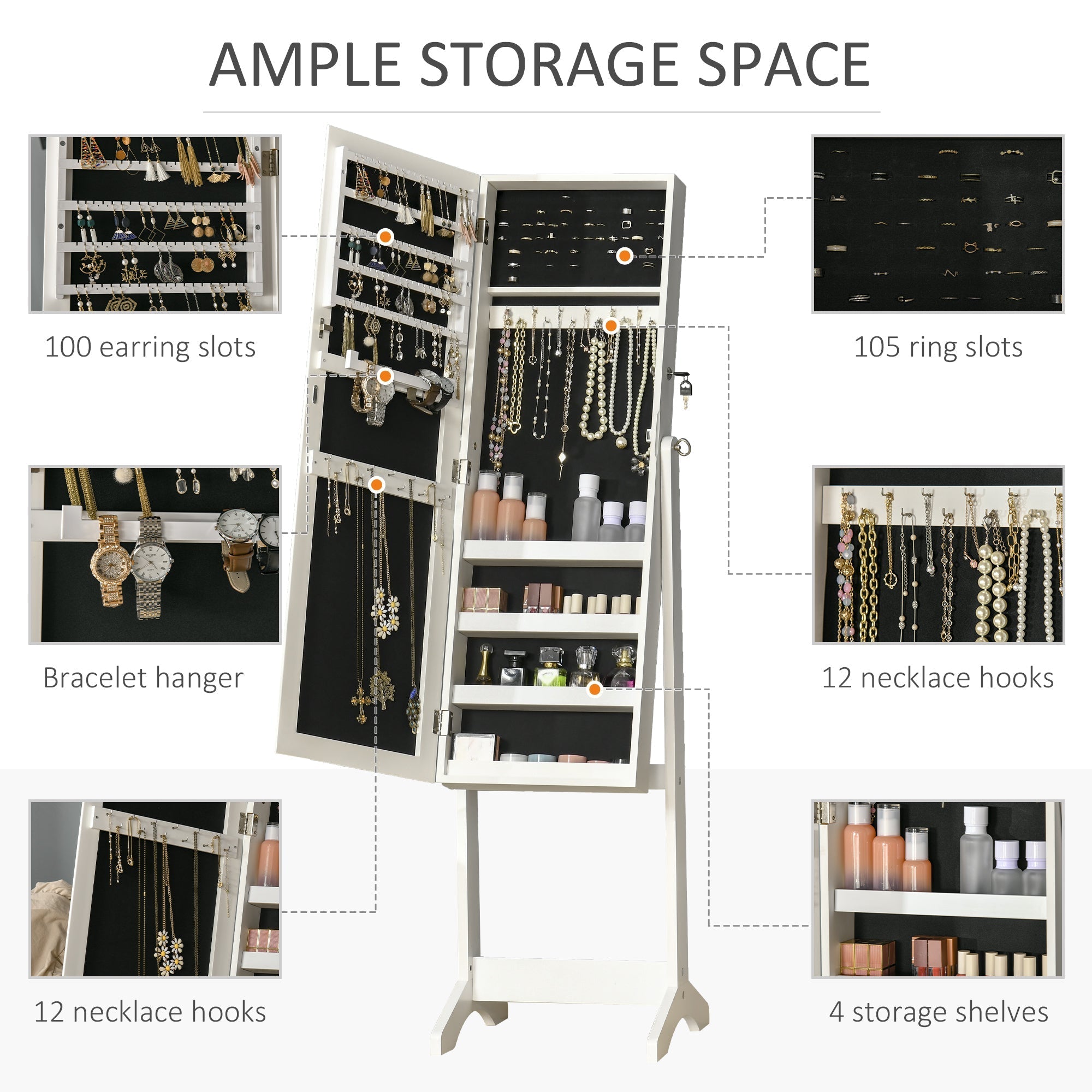 Jewelry Cabinet Floor Standing, Lockable Jewelry Organizer with Full-Length Mirror, 3 Angle Adjustable, White Jewelry Armoire & Jewellery Mirror Cabinets   at Gallery Canada