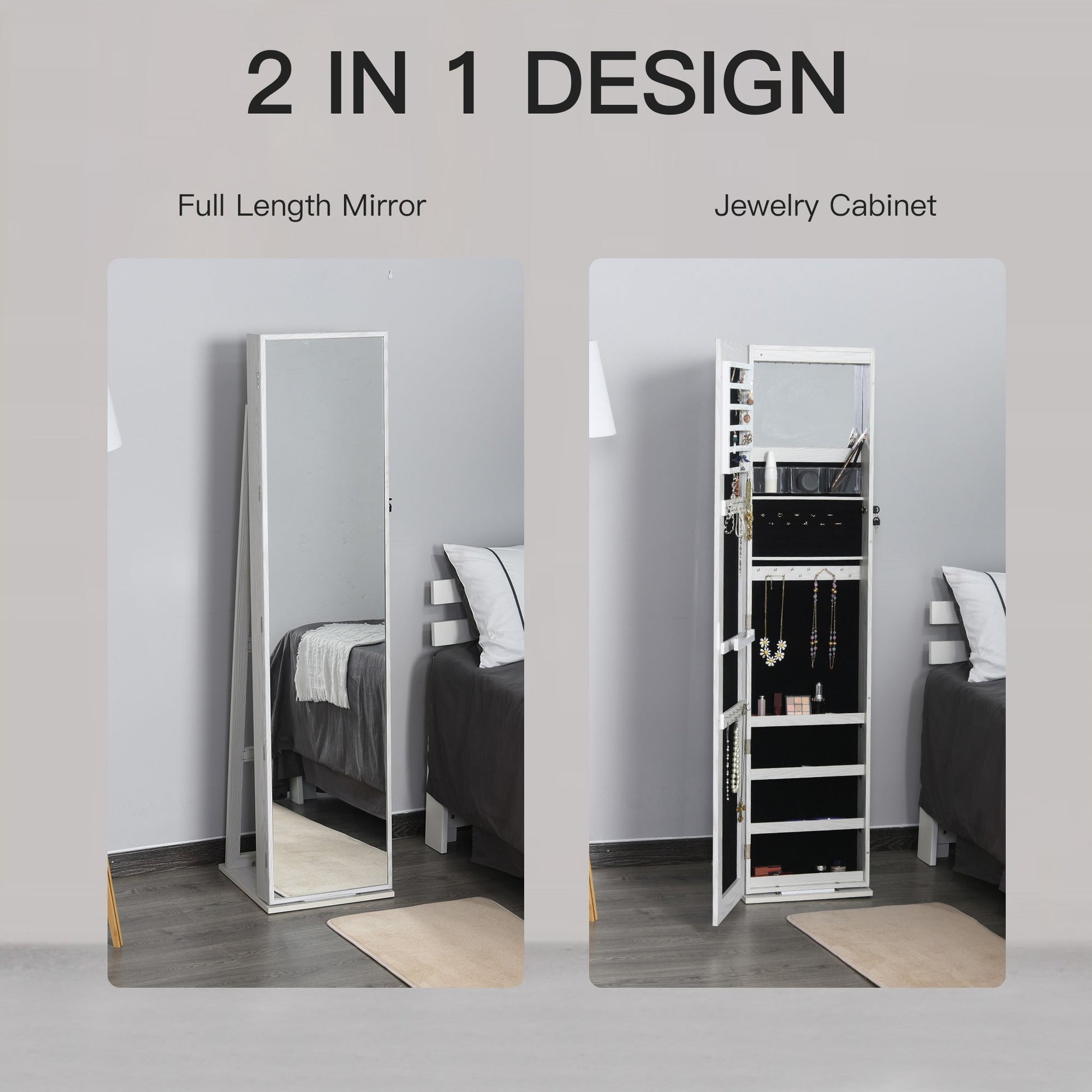 Jewelry Cabinet, Lockable Storage Organizer with Full-Length Mirror, LED Lights, Standing Jewelry Armoire in White Wood Jewelry Armoire & Jewellery Mirror Cabinets   at Gallery Canada