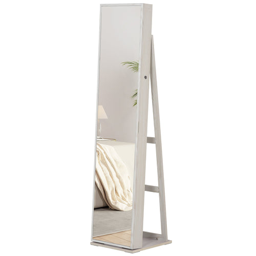 Jewelry Cabinet, Lockable Storage Organizer with Full-Length Mirror, LED Lights, Standing Jewelry Armoire in White Wood