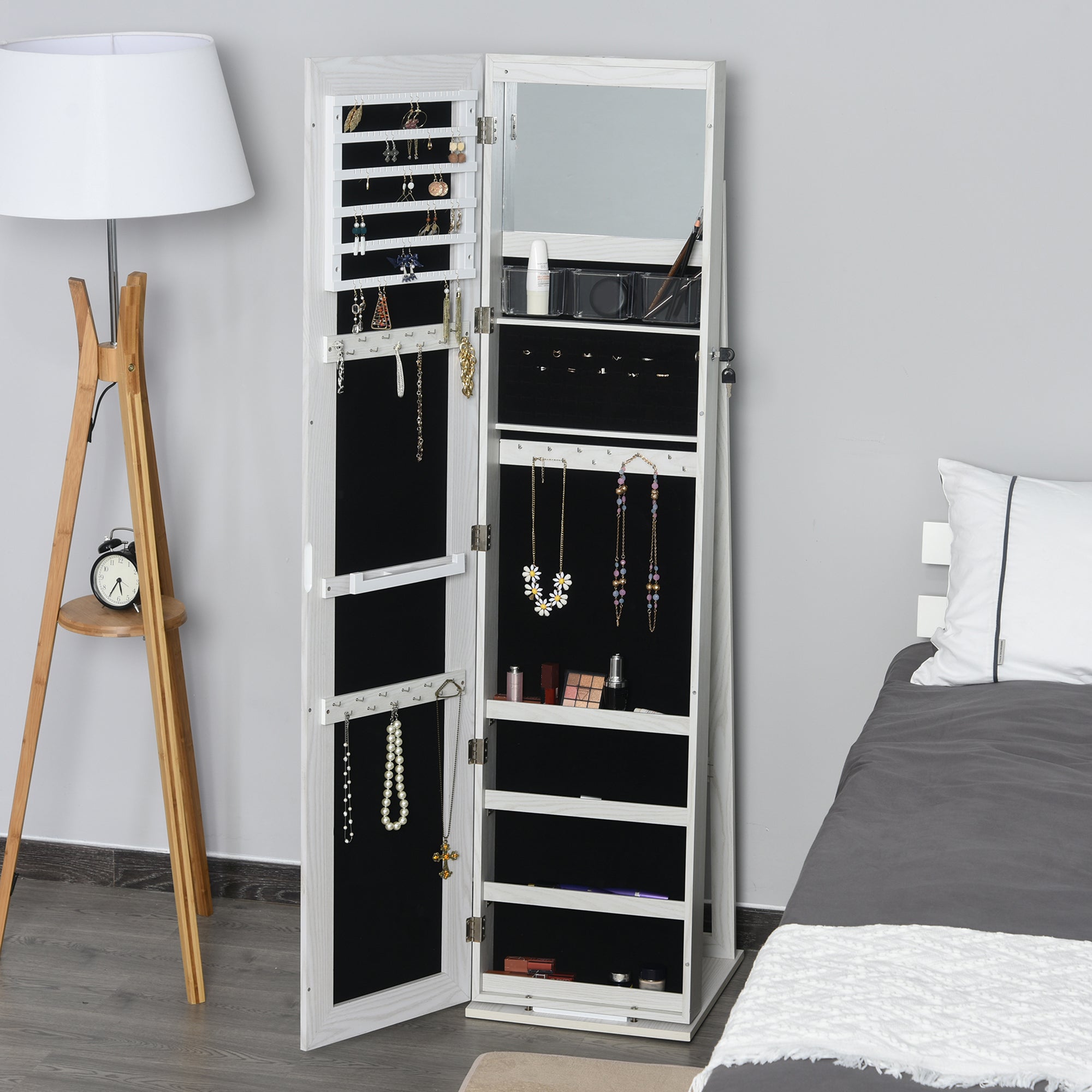 Jewelry Cabinet, Lockable Storage Organizer with Full-Length Mirror, LED Lights, Standing Jewelry Armoire in White Wood Jewelry Armoire & Jewellery Mirror Cabinets   at Gallery Canada