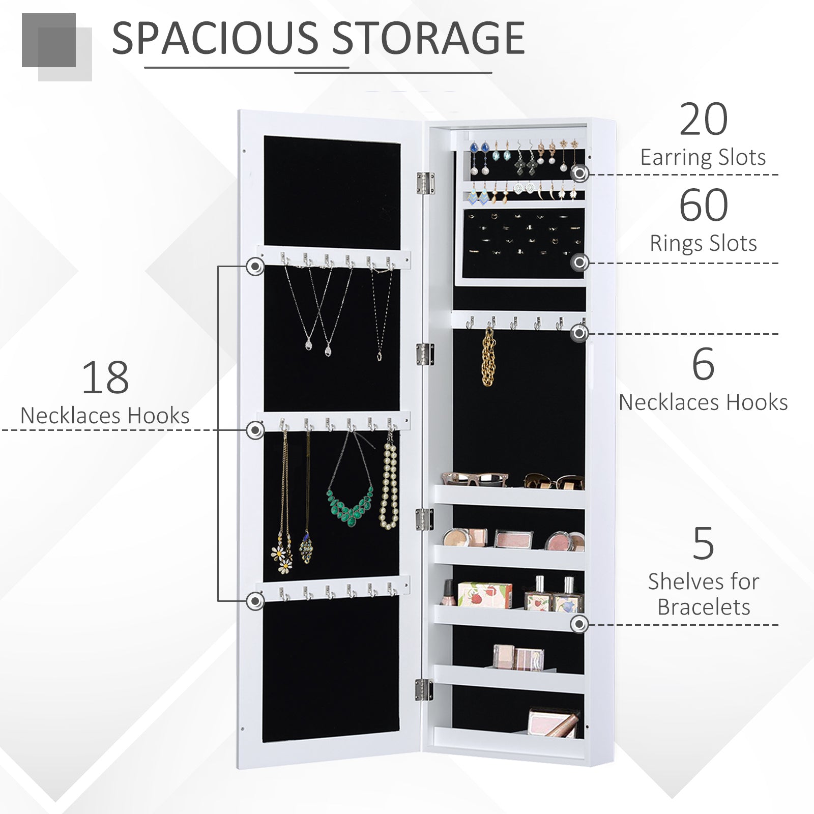 Jewelry Cabinet with Full Length Mirror, Wall Mounted Jewelry Armoire Storage Organizer, White Jewelry Armoire & Jewellery Mirror Cabinets   at Gallery Canada