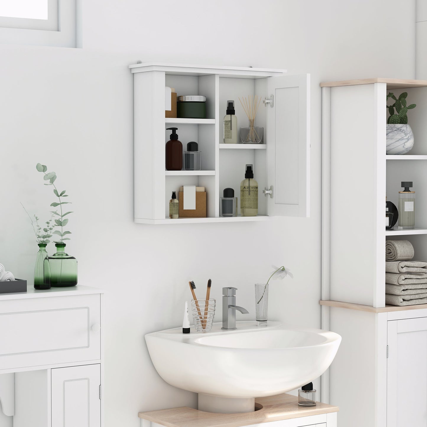 Bathroom Wall Cabinet, Wall Mounted Medicine Cabinet with 3 Open Shelves and Storage Cupboard for Laundry Room, White Wall Mounted Cabinets   at Gallery Canada