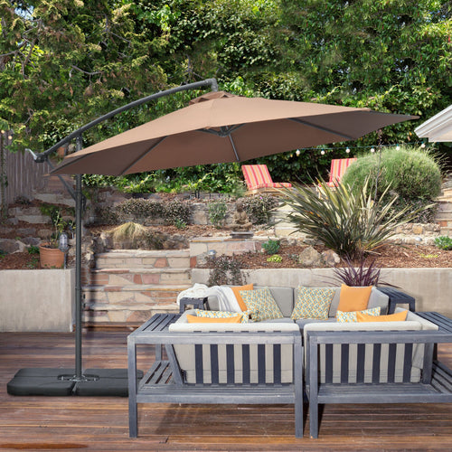 9.6ft Offset Patio Umbrella Garden Hanging Parasol Banana Cantilever Umbrella with Base, Crank, Coffee