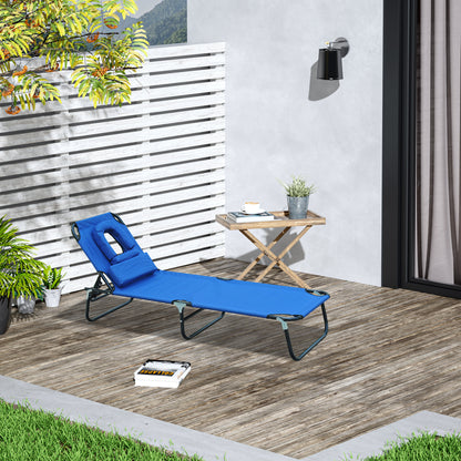 Adjustable Garden Sun Lounger w/ Reading Hole Outdoor Reclining Seat Folding Camping Beach Lounging Bed Blue Lounger Chairs Blue  at Gallery Canada