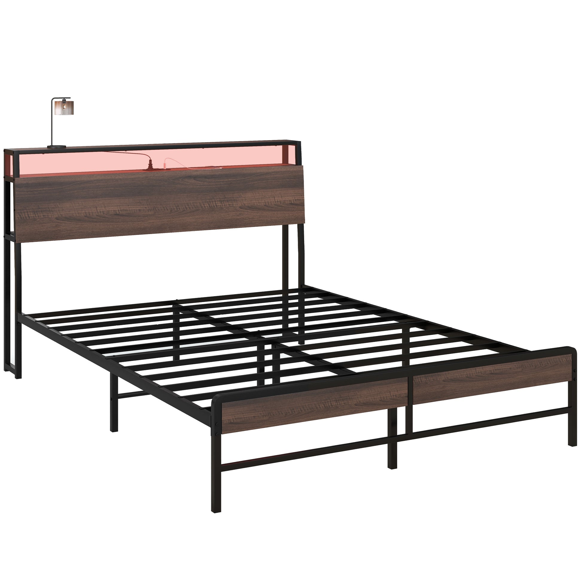 Queen Size Bed Frame with LED Lights and Charging Station, Queen Bed Frame with Storage Headboard, Noise-Free, Walnut Bedroom Furniture   at Gallery Canada