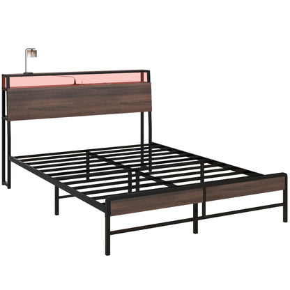 Queen Size Bed Frame with LED Lights and Charging Station, Queen Bed Frame with Storage Headboard, Noise-Free, Walnut Bedroom Furniture   at Gallery Canada