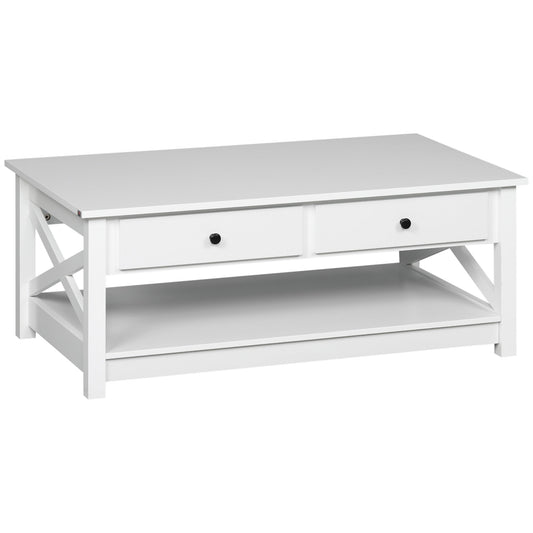 Coffee Table with Storage, Farmhouse Living Room Table with Drawers and Open Shelf, Centre Table with X-frames, White Coffee Tables White  at Gallery Canada