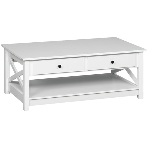 Coffee Table with Storage, Farmhouse Living Room Table with Drawers and Open Shelf, Centre Table with X-frames, White