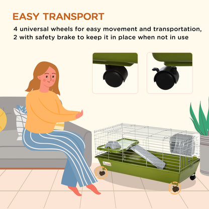 Small Animal Cage, Rolling Bunny Cage, Guinea Pig Cage with Food Dish, Water Bottle, Hay Feeder, Platform, Ramp, Green - Gallery Canada