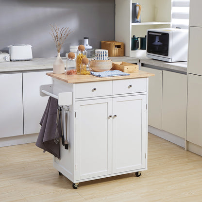 Rolling Kitchen Island with Storage, Kitchen Cart with Rubber Wood Top, Adjustable Shelf, Towel Rack, Hooks and Storage Drawers, White Kitchen Islands & Kitchen Carts   at Gallery Canada