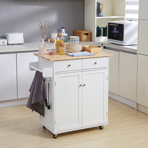 Rolling Kitchen Island with Storage, Kitchen Cart with Rubber Wood Top, Adjustable Shelf, Towel Rack, Hooks and Storage Drawers, White