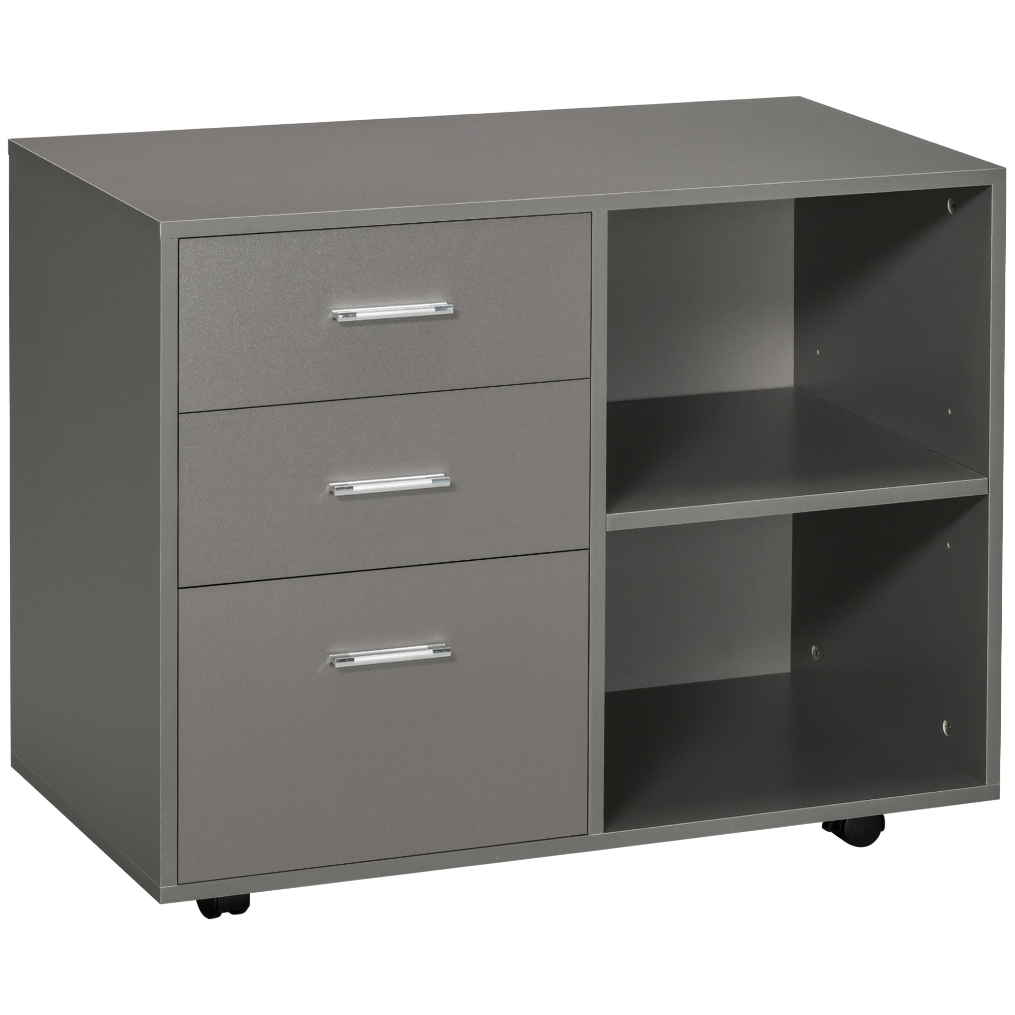 Modern Lateral Filing Cabinet, 3 Drawer File Cabinet for Letter and A4 Size Documents, Mobile, Printer Stand with Open Shelves, Rolling Wheels, Grey Office Cabinets & Cupboards Grey at Gallery Canada