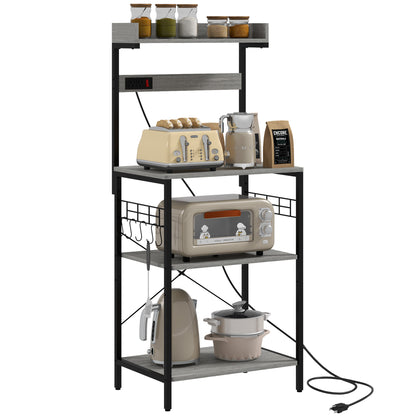 Kitchen Baker's Rack with Power Outlet, Coffee Bar Station with Adjustable Shelves and Hooks, Distressed Grey Bar Cabinets   at Gallery Canada