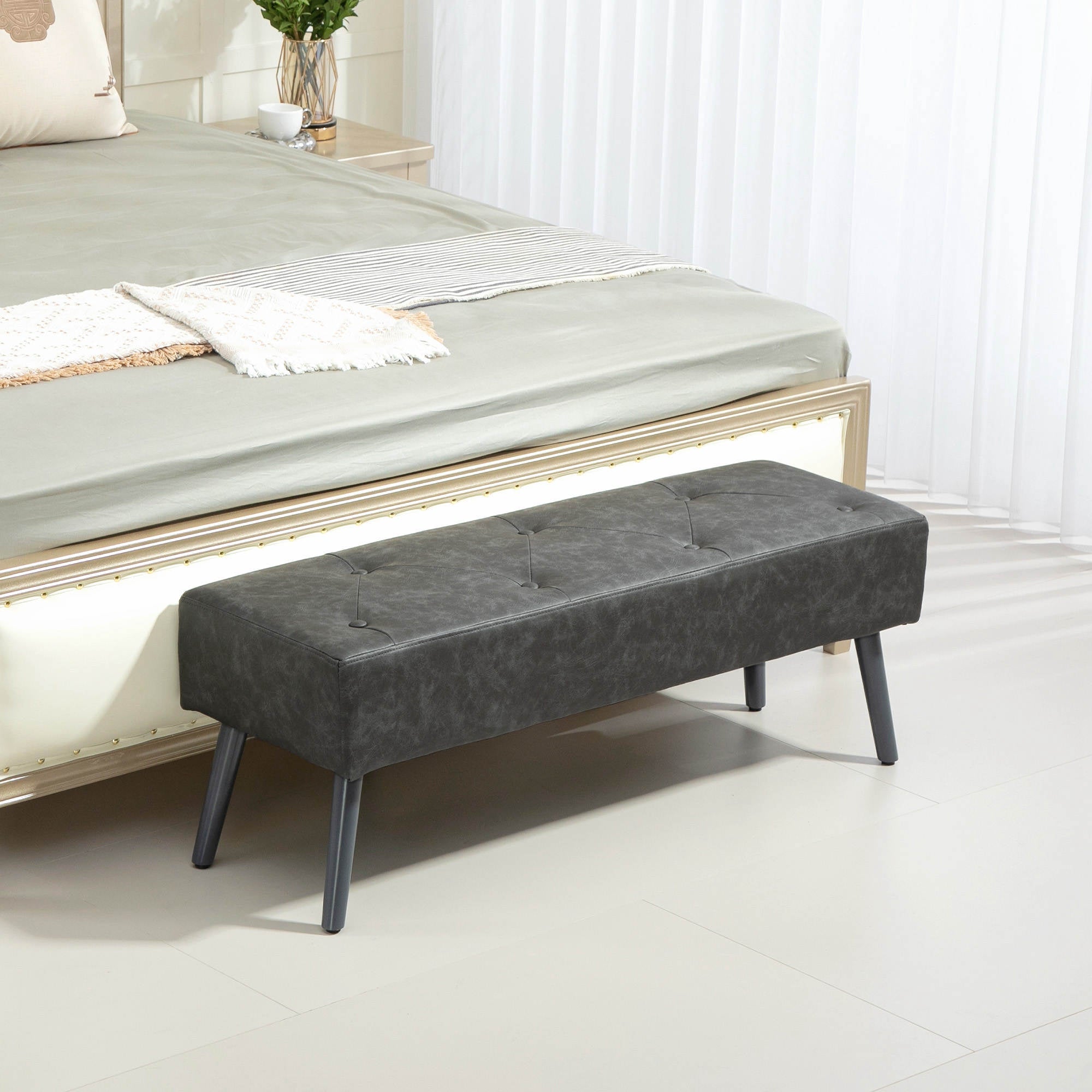 Bedroom Bench, End of Bed Bench with Button Tufted, PU Leather Upholstered Entryway Bench with Wood Legs, Grey Storage Ottomans & Benches at Gallery Canada