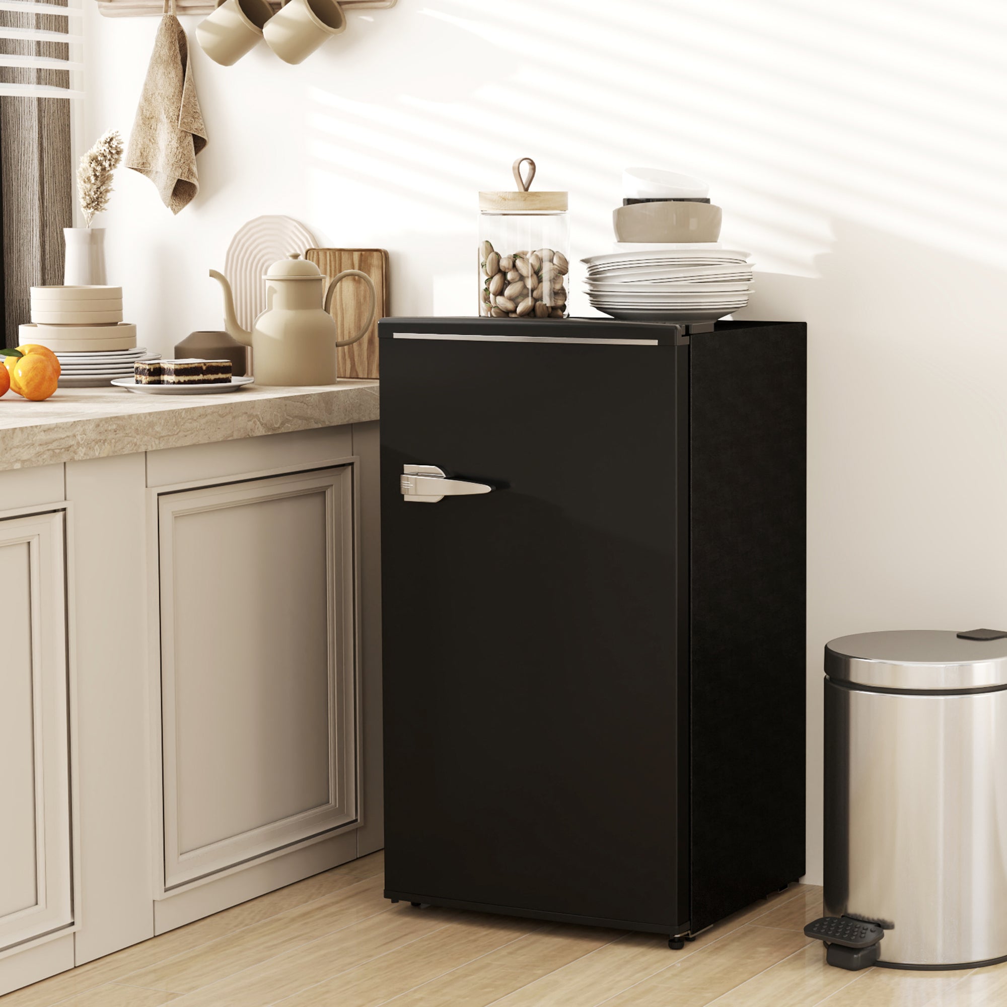 Retro Mini Fridge, 3.1 Cu. Ft Single Door Compact Refrigerator with Adjustable Thermostat, 2 Glass Shelves, Black Small Kitchen Appliances at Gallery Canada