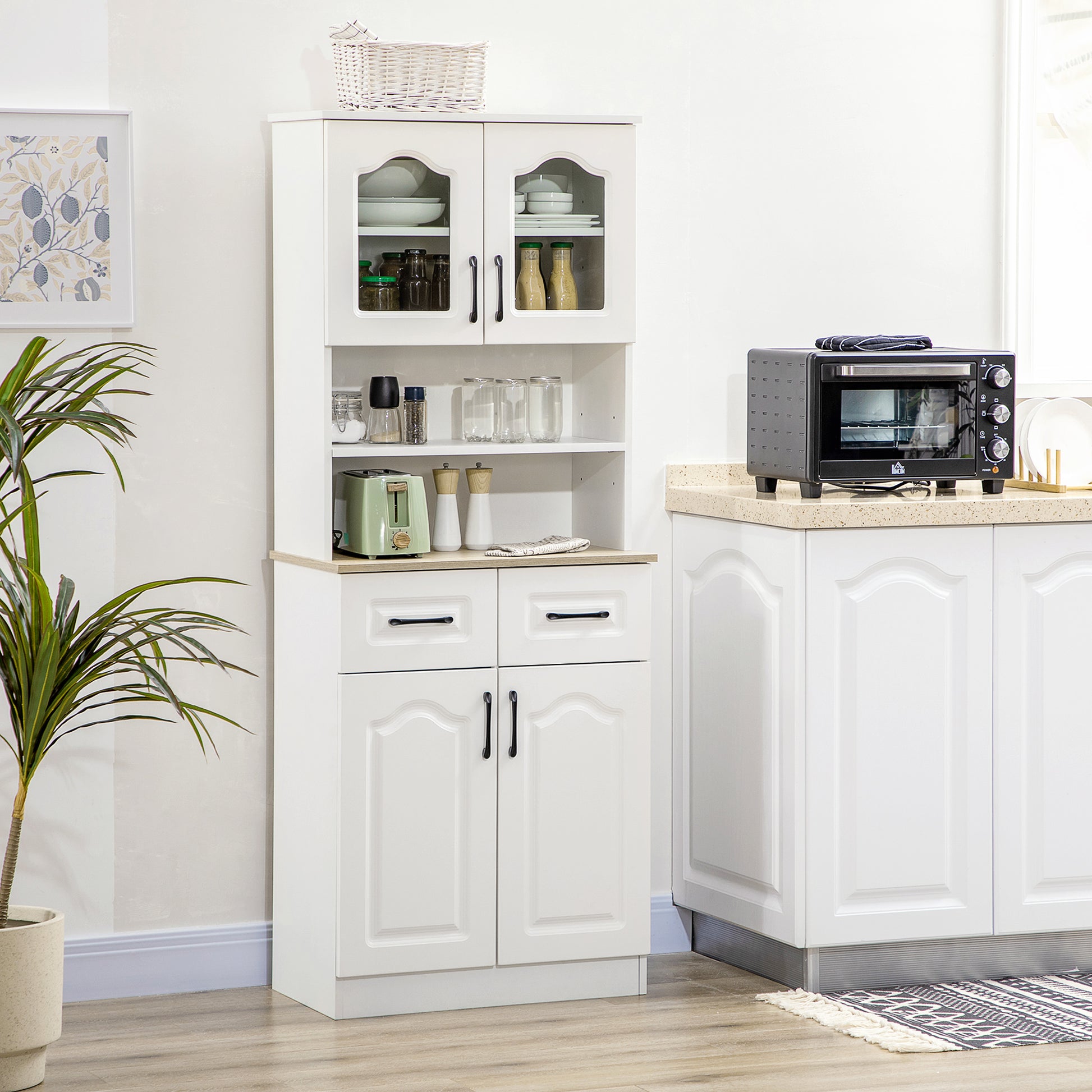 66" Buffet with Hutch, Kitchen Pantry, Freestanding Storage Cabinet with 2 Adjustable Shelves, 2 Drawers and Open Counter, White Kitchen Pantry Cabinets Multi Colour  at Gallery Canada