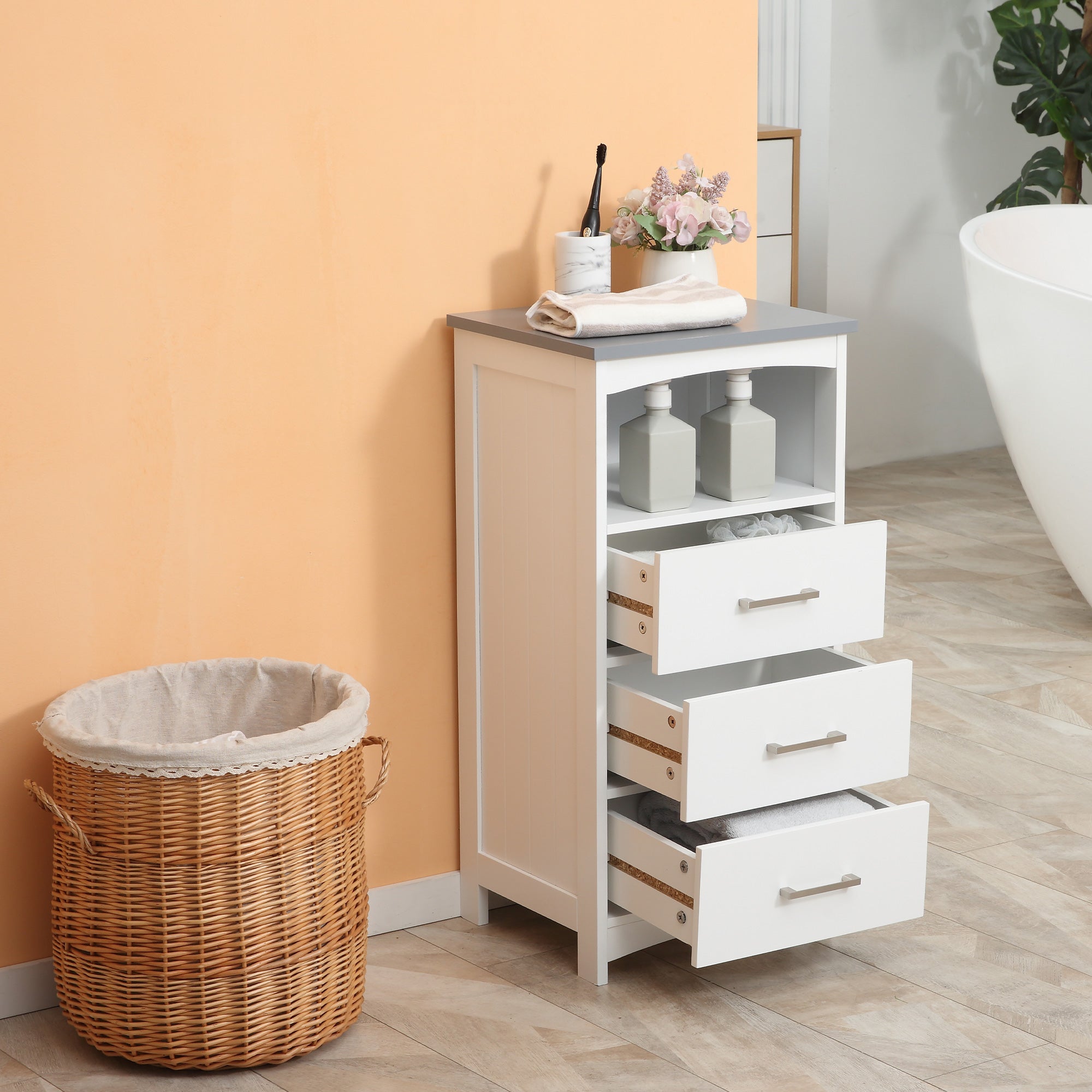 Bathroom Floor Cabinet, Freestanding Storage Cupboard Unit with 3 Drawers and Open Components, White Bathroom Cabinets   at Gallery Canada