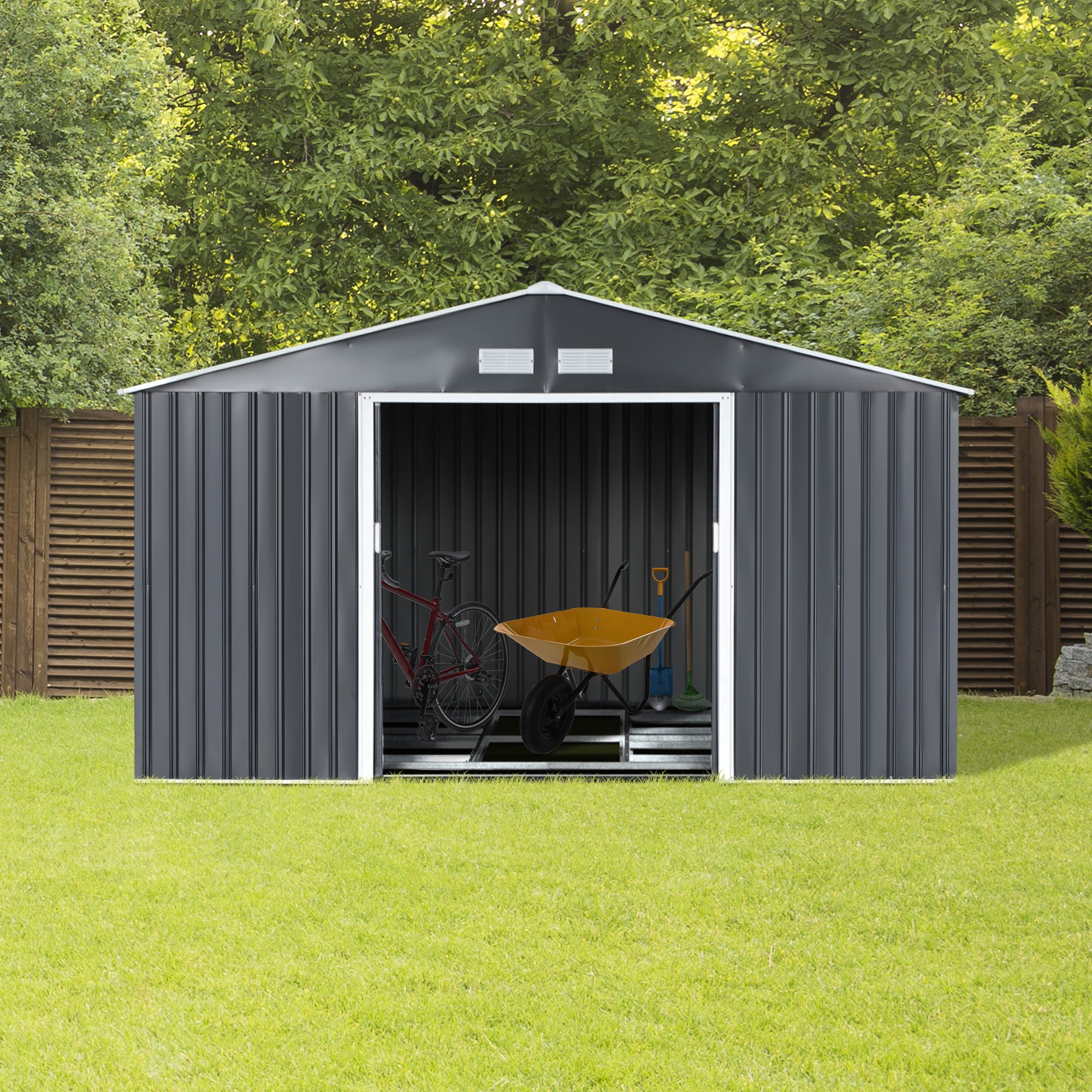 11.2ft x 12.5ft Practical Backyard Garden Storage Tool Shed 4 Ventilation Slots Double Sliding Door, Grey Sheds at Gallery Canada