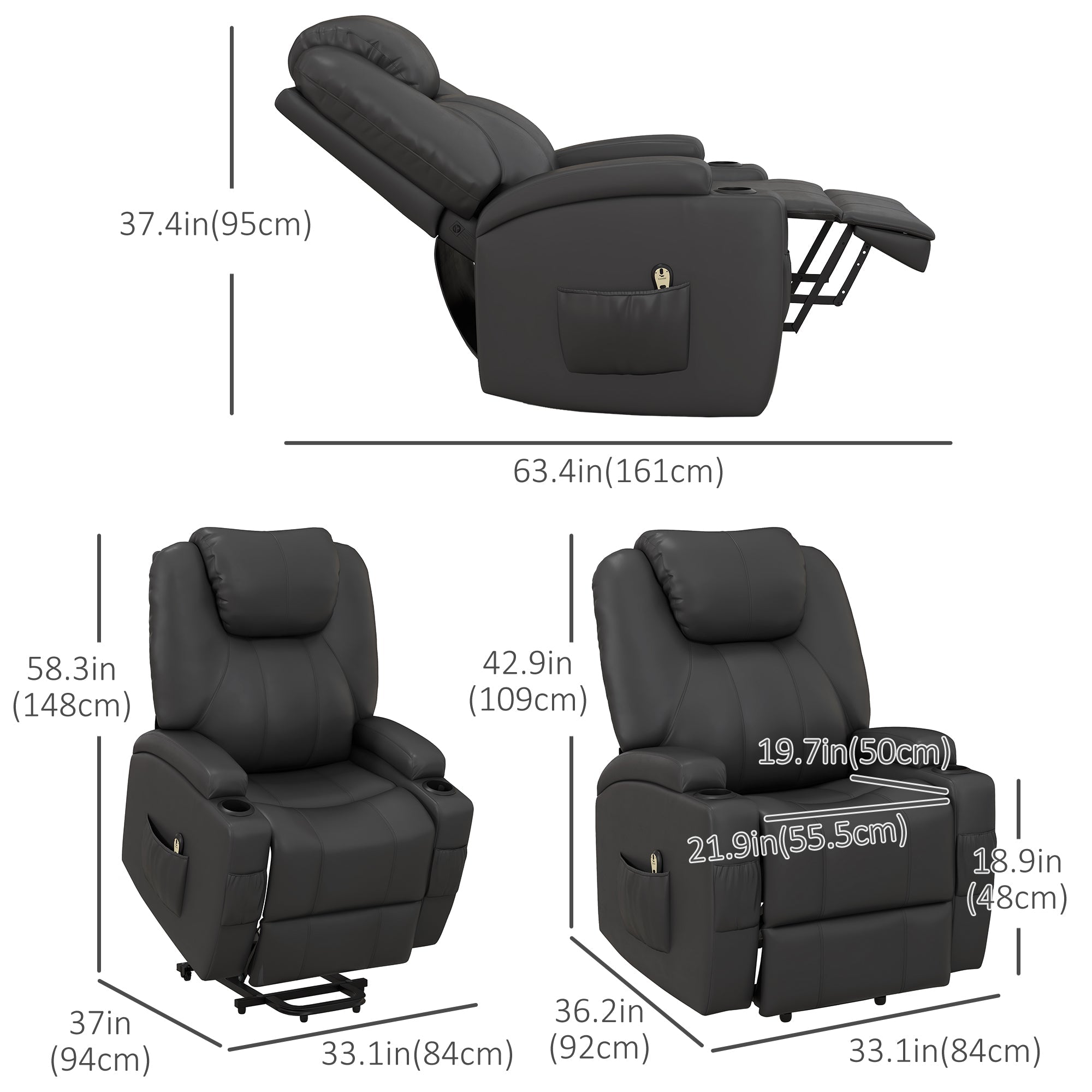 Power Recliner, Electric Lift Chair for Elderly with Footrest, Remote Control, Side Pockets and Cup Holders, Grey Electric Power Lift Chairs   at Gallery Canada