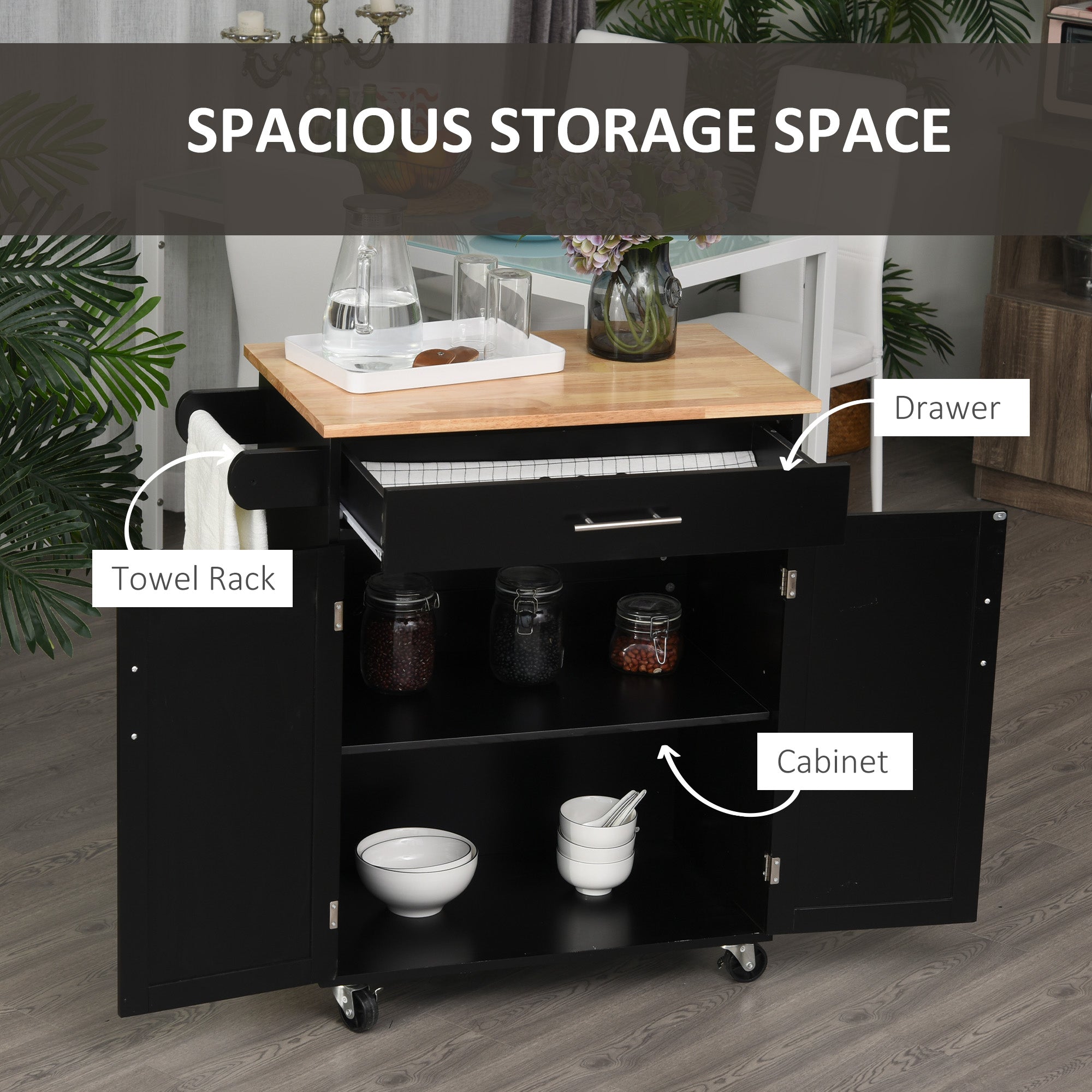 Wood Top Rolling Kitchen Island Cart with Storage Drawers and Towel Rack, Black Kitchen Islands & Kitchen Carts   at Gallery Canada