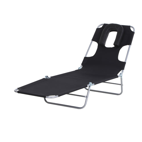 Outdoor Lounge Chair, Adjustable Folding Chaise Lounge with Face Cavity, Tanning Chair Sun Lounger Bed Recliner, Black