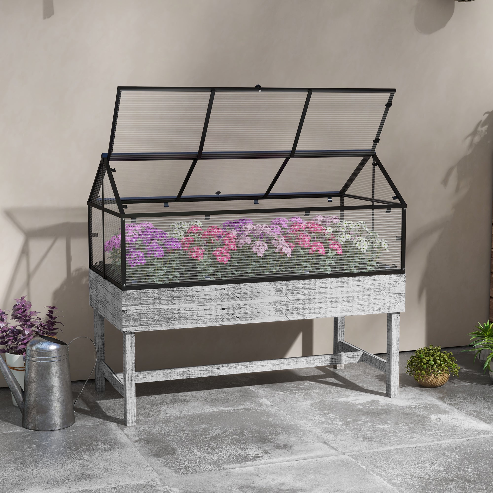 Wood Elevated Planter Box with Cold Frame Greenhouse, Raised Garden Bed for Vegetables, Flowers, Herbs, Distressed Grey Raised Garden Beds   at Gallery Canada