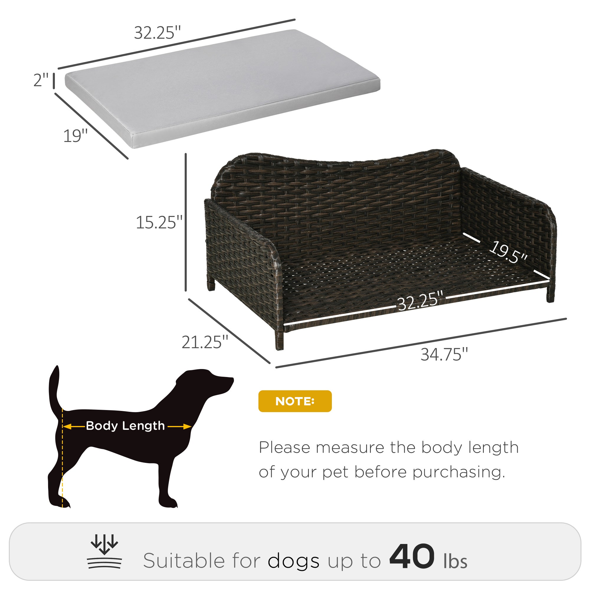 Rattan Pet Sofa for Large &; Medium Dogs, Indoor &; Outdoor Raised Wicker Dog Bed, Cat Couch, with Soft Washable Cushion, Charcoal Grey Dog Sofas   at Gallery Canada