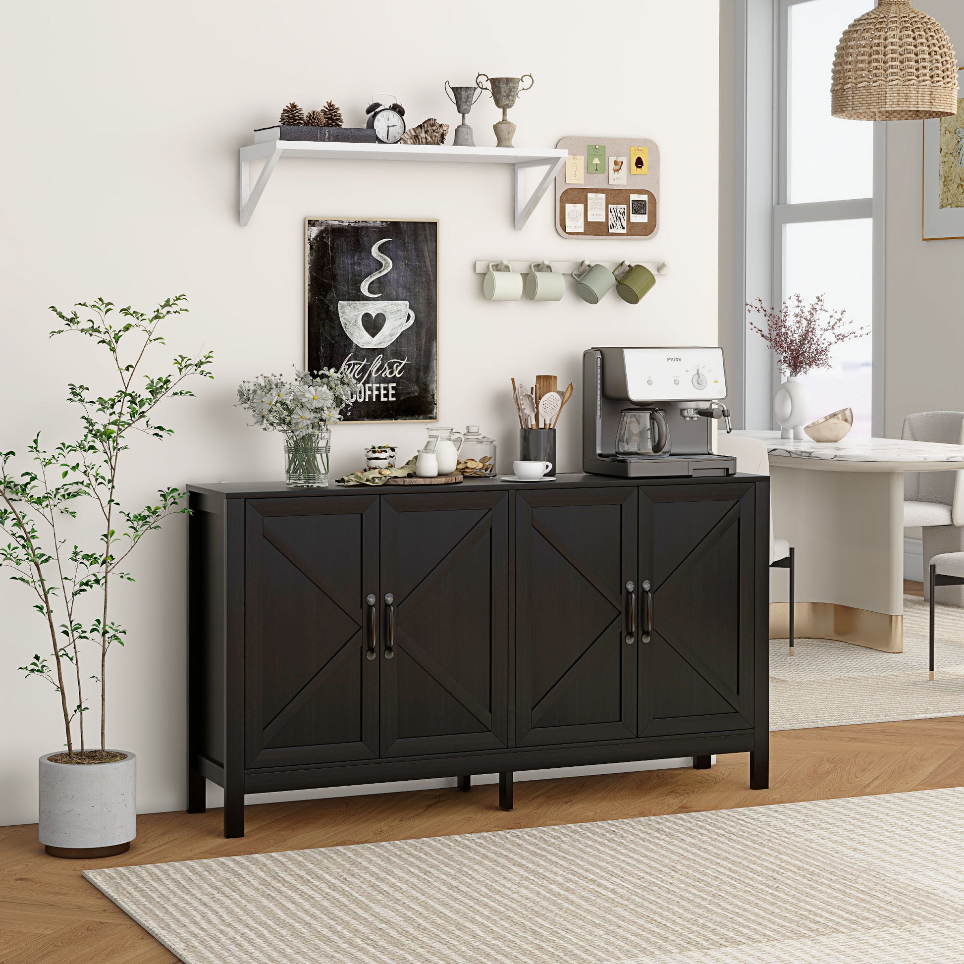 Sideboard Buffet, Storage Cabinet with Barn Door and Adjustable Shelf, TV Stand for TVs up to 65 Inches, Black Oak Bar Cabinets Black Oak  at Gallery Canada