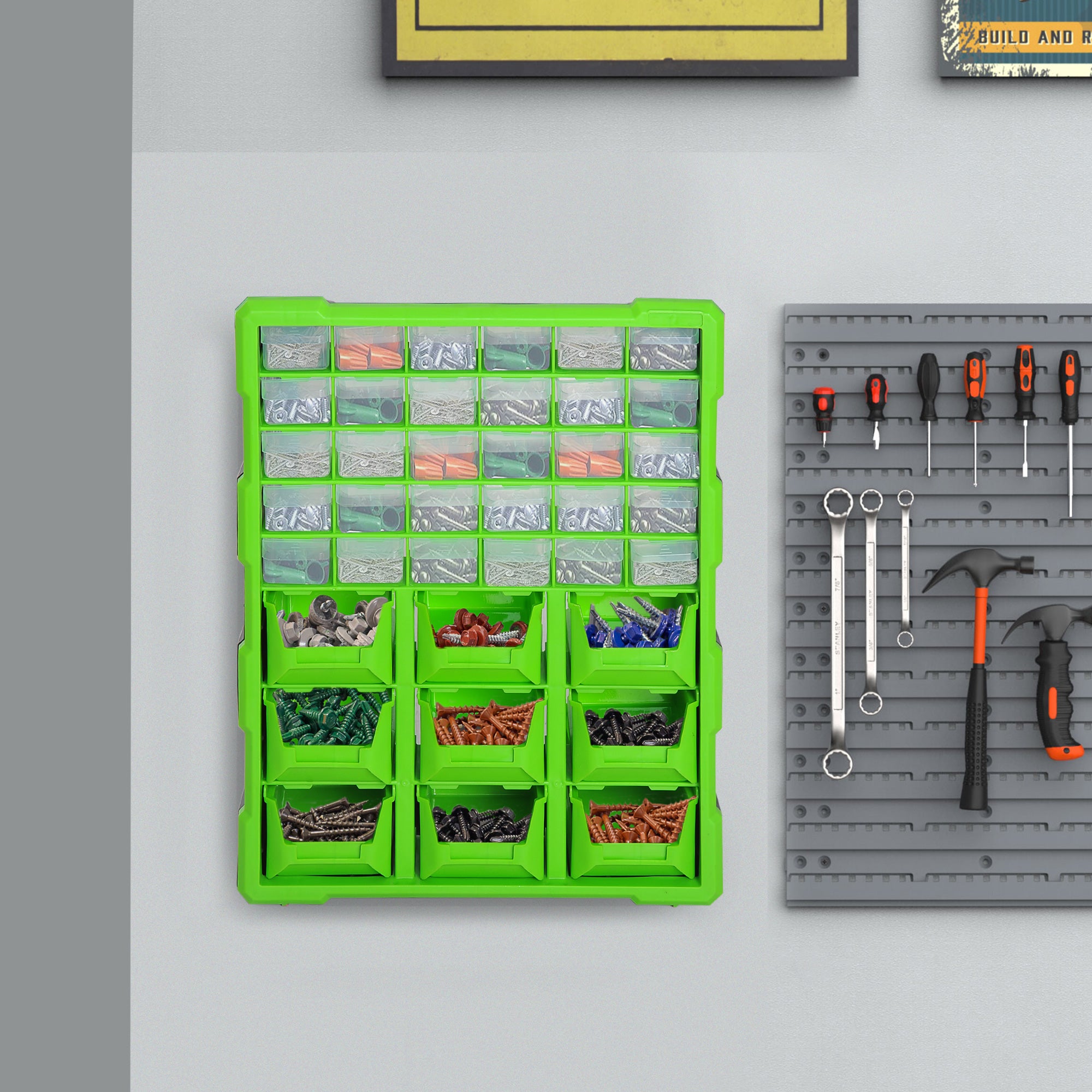 Plastic 39 Drawer Parts Organizer Wall Mount Storage Cabinet for Small Nuts Bolts Tool Green Tool Organizers Green  at Gallery Canada