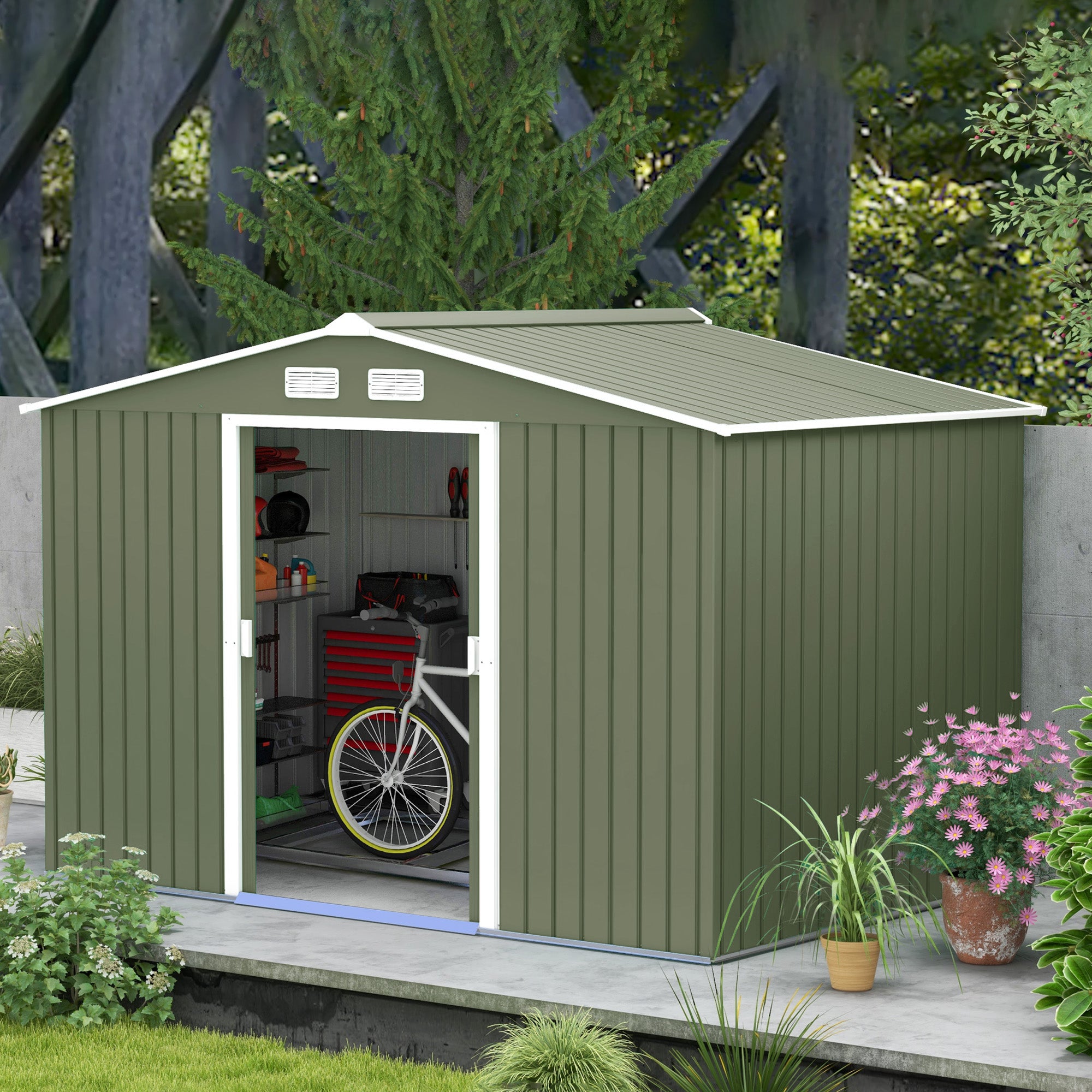 9.1'x6.4'x6.3' Garden Storage Shed w/ Foundation Kit Metal Tool Storage House w/ Double Doors Light Green Sheds at Gallery Canada
