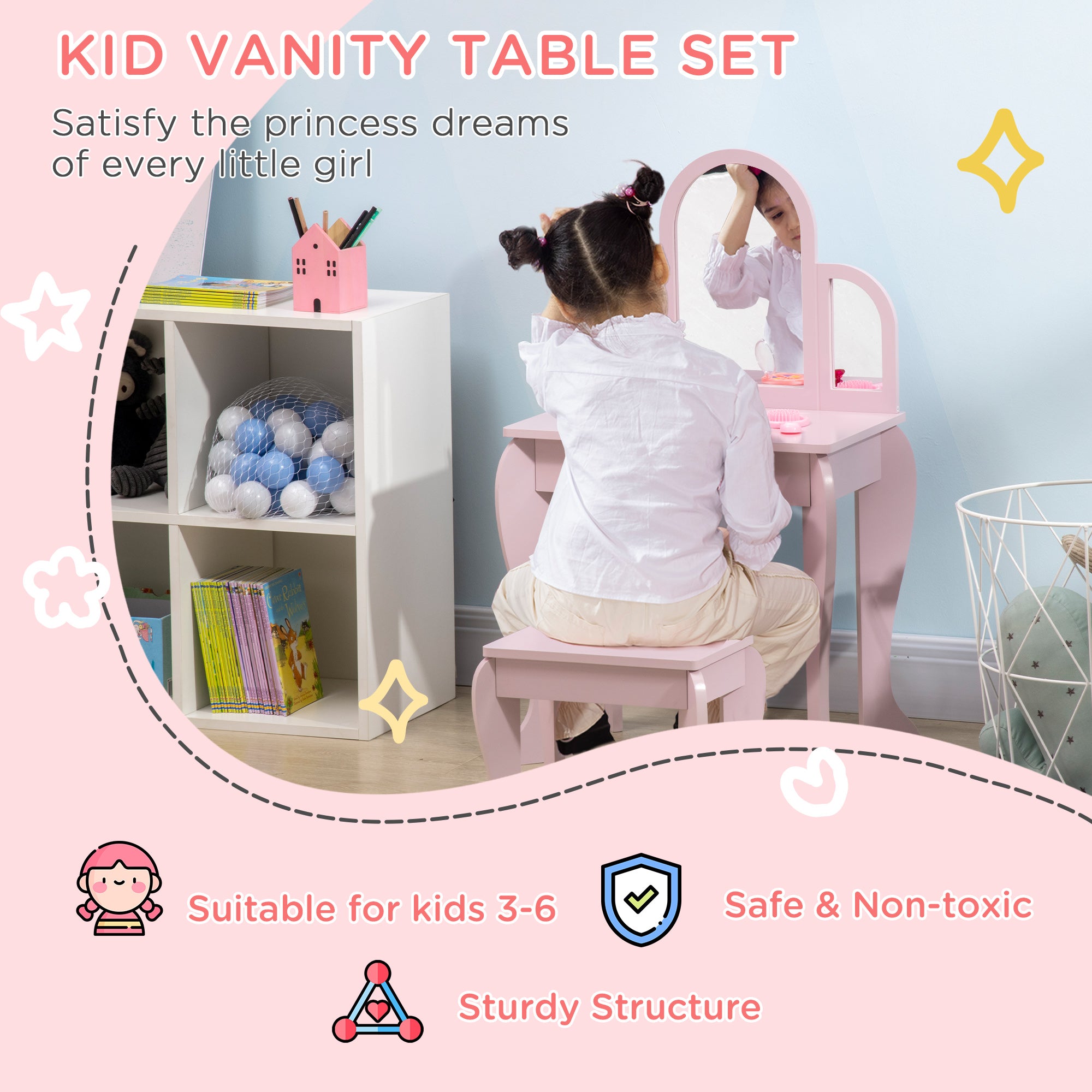 Kids Dressing Table and Chair Set, Girls Dressing Set, Makeup Desk with Drawer for 3-6 Years Old Kids, Pink Kids Bedroom Furniture at Gallery Canada