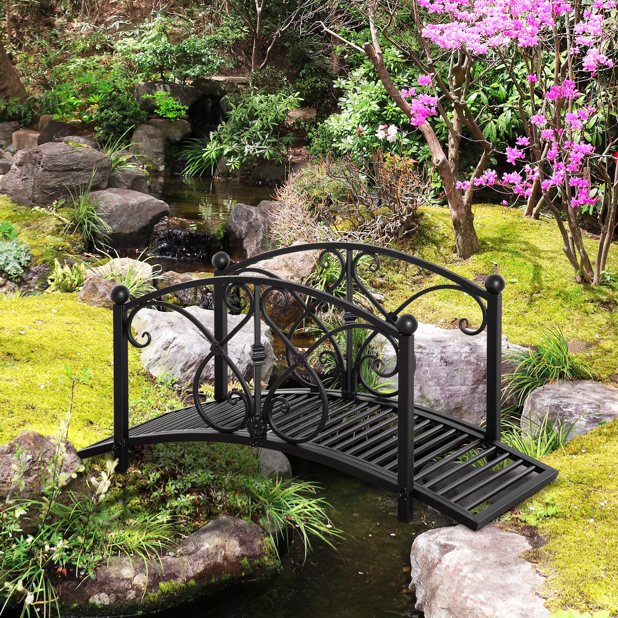 Garden Bridge 3.3FT, Decorative Classic Backyard Pond Bridge with Safety Railings Black Garden Decor at Gallery Canada