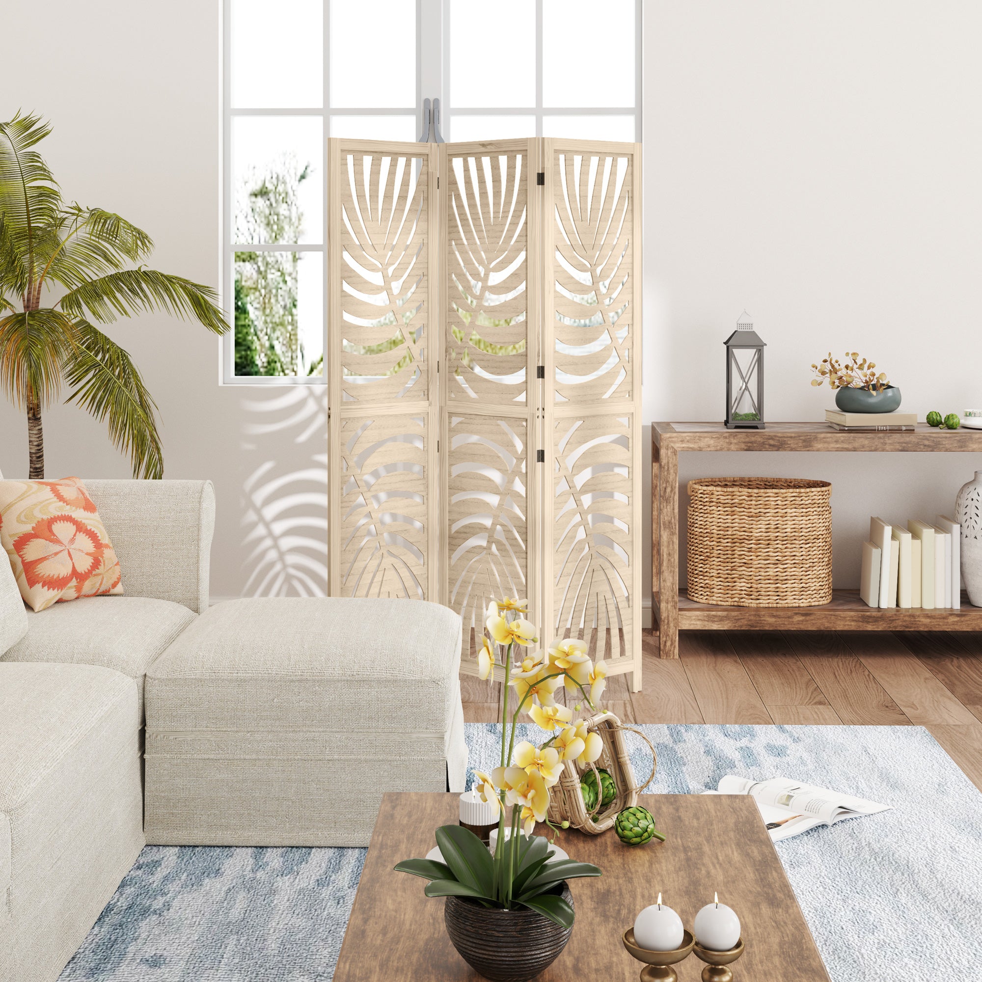 3 Panel Room Divider, Detachable Folding Privacy Screens with Palm Leaf Design for Home Office, Natural Wood Finish Room Dividers at Gallery Canada