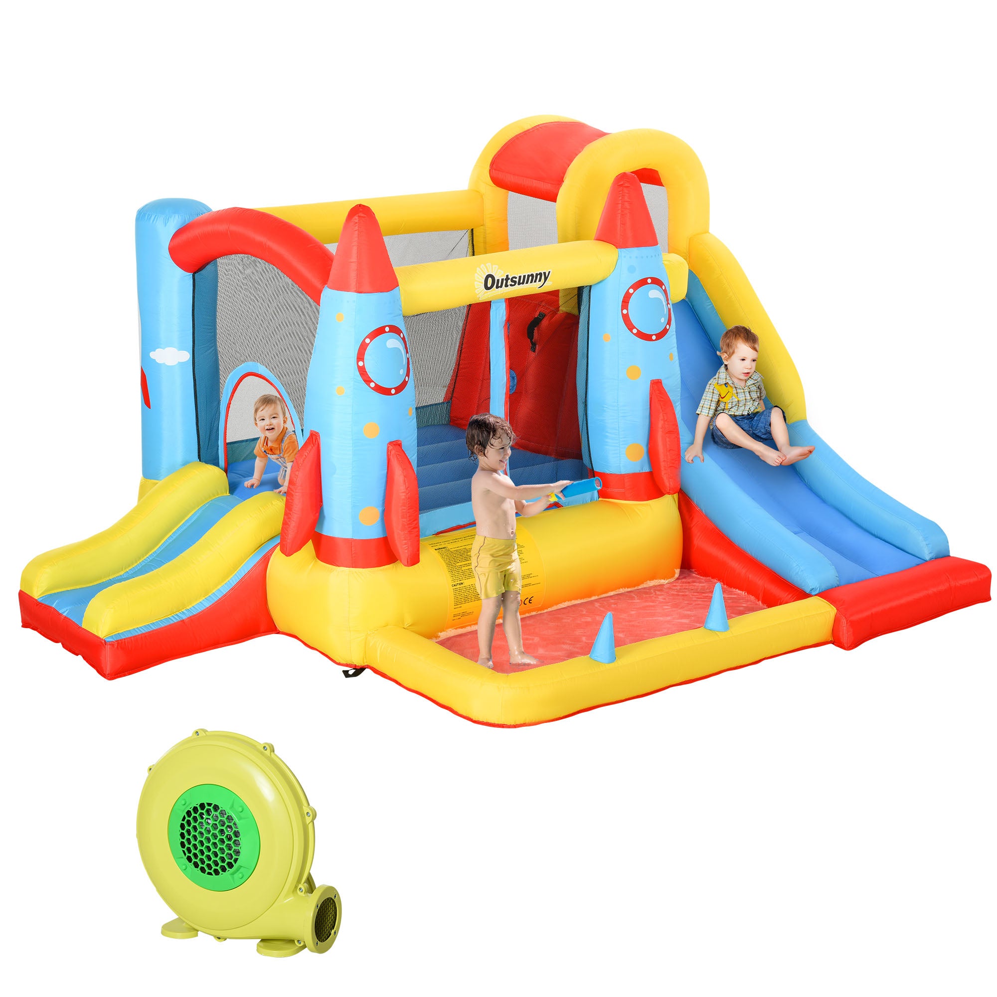 Bounce Castle Inflatable Trampoline Slide Pool Rocket Design 11.14' x 9.18' x 6.06' Inflatables Red, Blue, Yellow at Gallery Canada