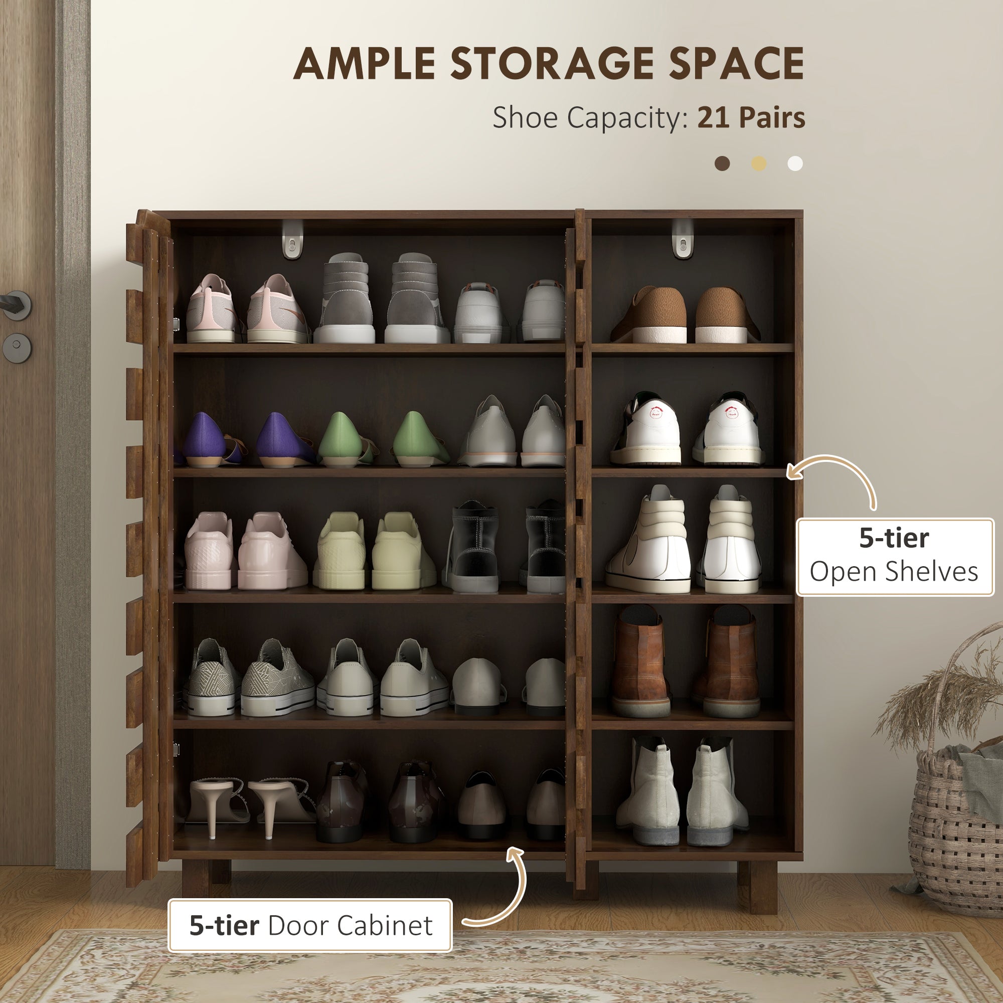 Shoe Cabinet, 21 Pair Shoe Storage Cabinet Organizer with 5-tier Double Door Cupboard and 5-tier Open Shelves, Brown Shoe Storage Cabinets & Racks   at Gallery Canada